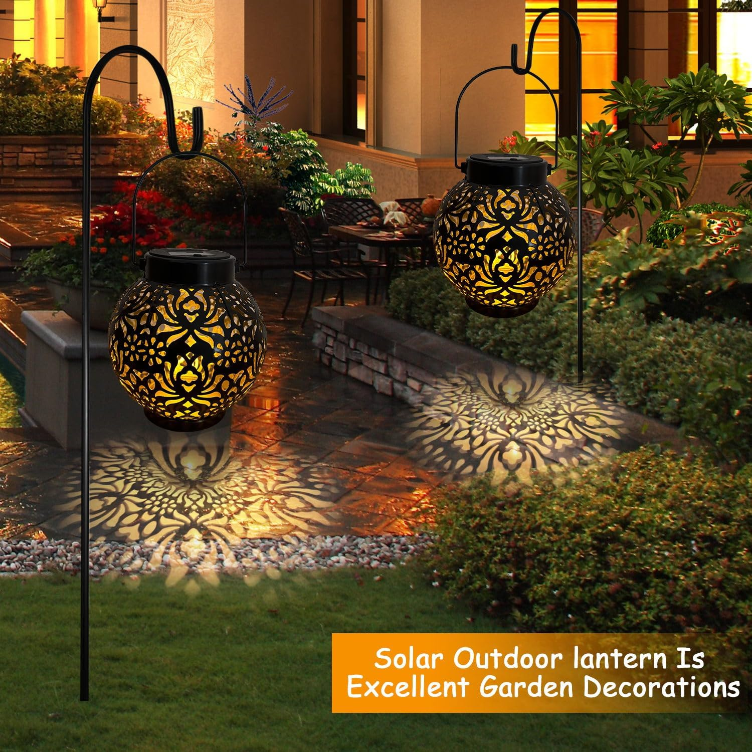 Outdoor Solar Hanging Lantern Lights, Waterproof Tabletop Solar Lights with Handle, LED Solar Moroccan Lanterns, Metal Decorative Garden Solar Lights for Lawn, Porch, Backyard(1 Pack Black) image number 1