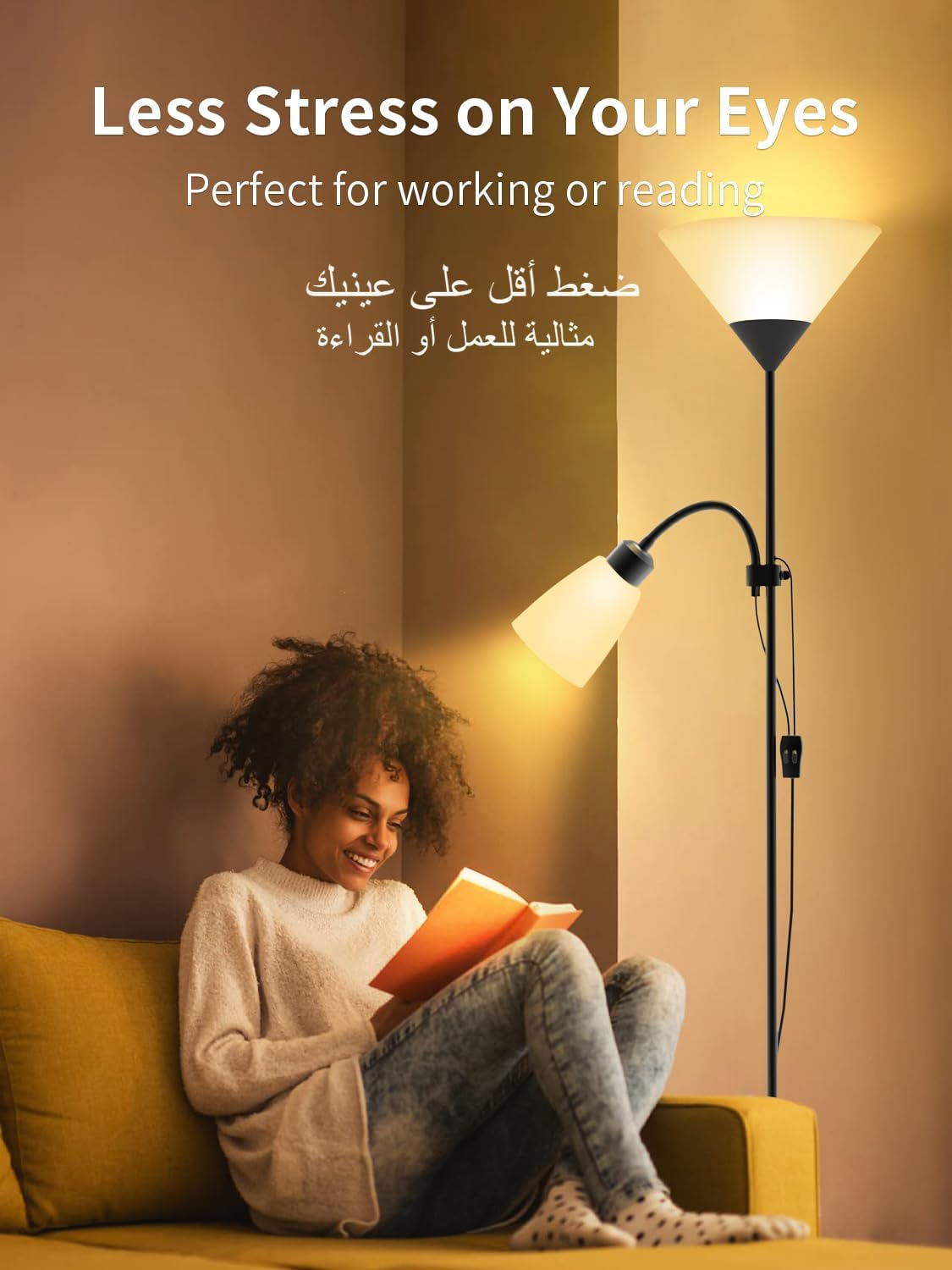 Sumkyle Floor Lamp with Double Lights, Vertical Ground Lamp with Adjustable Reading Light, Standing Light for Living Room, Bedroom, Office (Black) image number 4