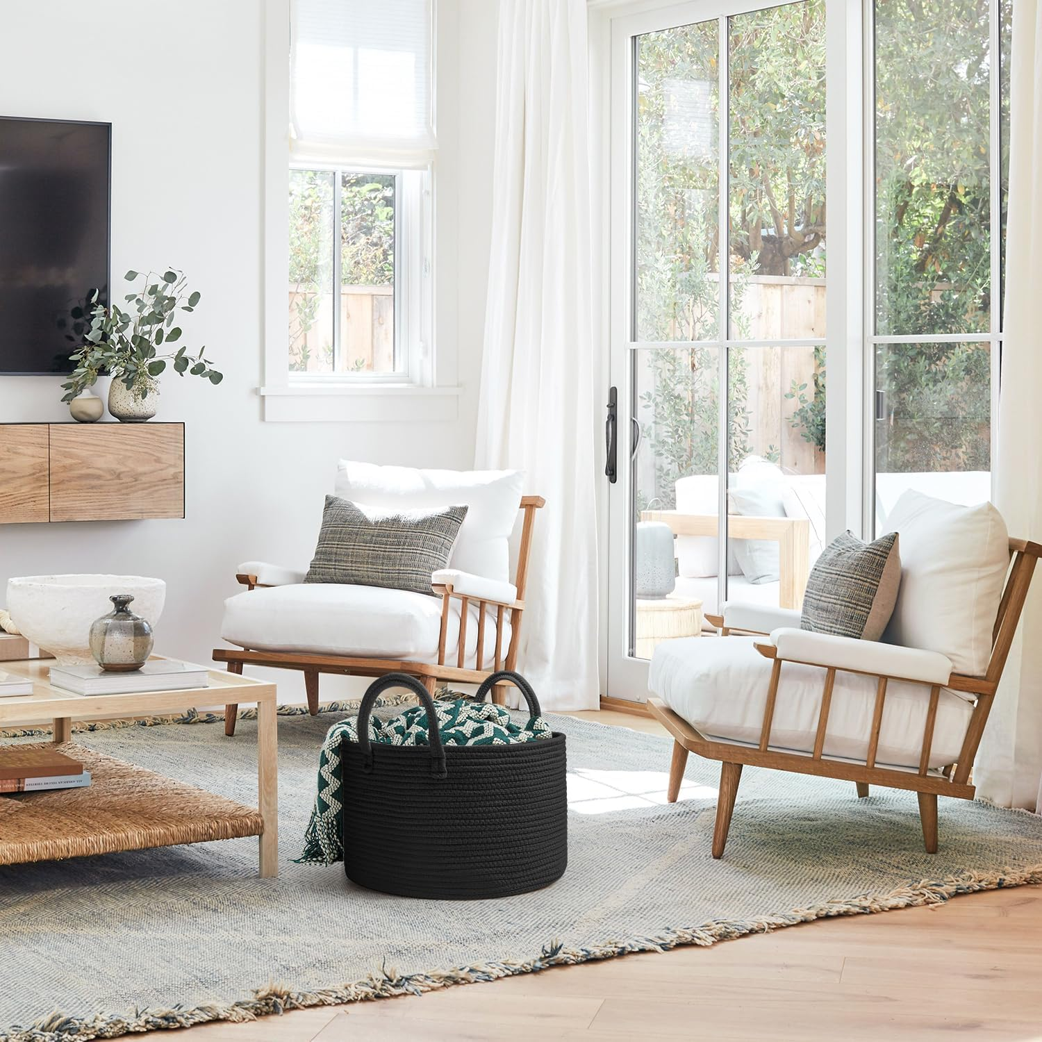 Woven Cotton Rope Laundry Basket 40 X 25Cm Woven Clothes Storage Basket 32L Decorative Cotton Rope Blanket Basket Collapsible Laundry Hamper with Handle, for Laundry Room(Black) image number 1