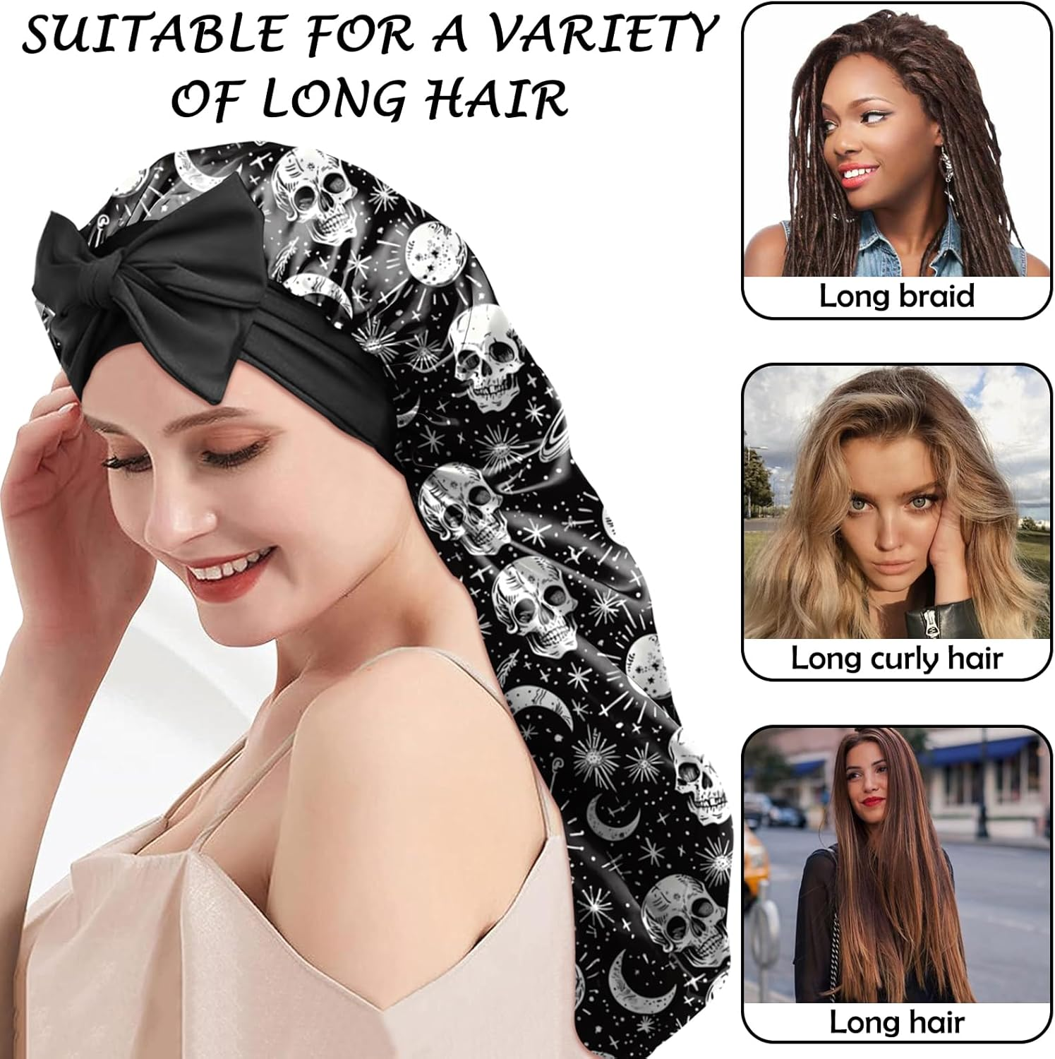 BHAHB Silk Feeling Long Satin Bonnet for Sleeping Adjustable Double Layer Elastic Reusable Long Hair Caps Cute Women Girls - A1-Flowers image number 2
