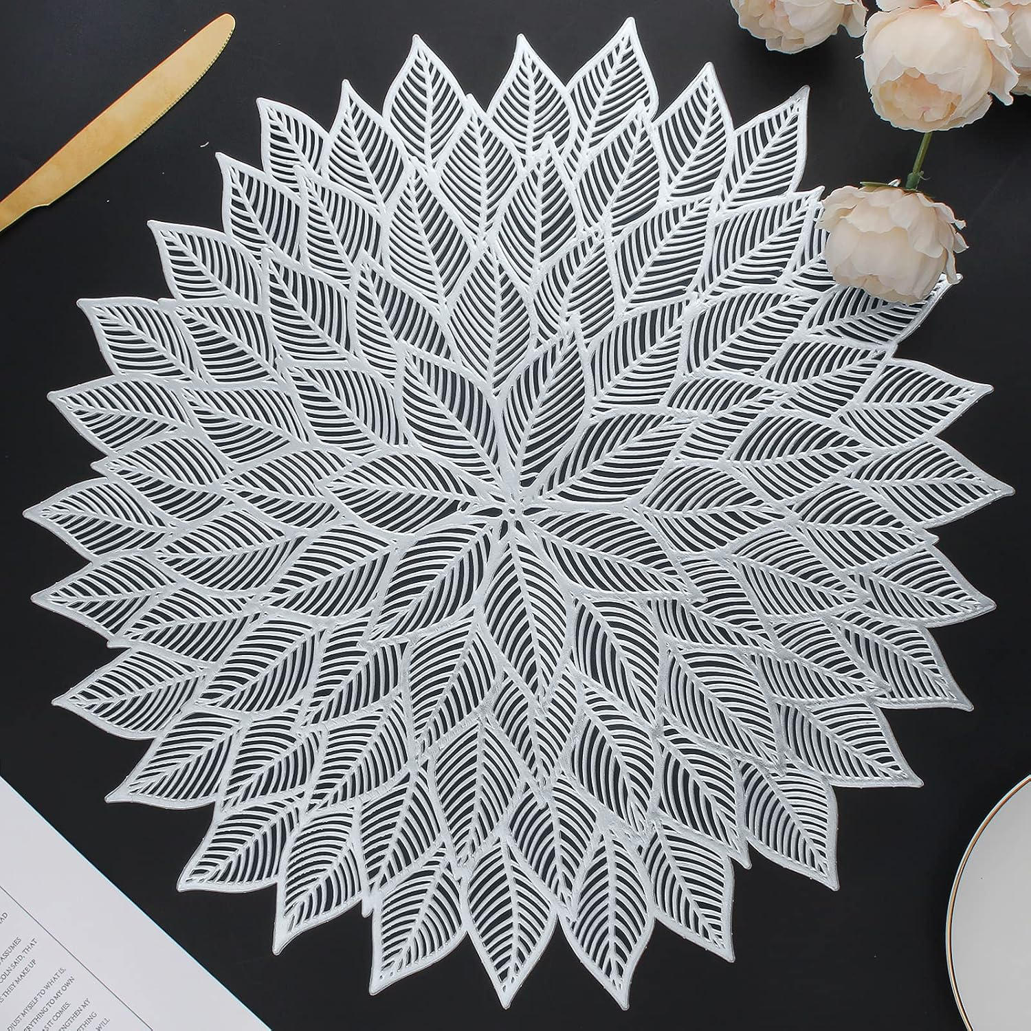 Placemats Set of 6, round Hollow Out Flowers Place Mats for Dining Table Pressed Vinyl Blooming Leaf Table Mats for Holiday Party Wedding Accent Centerpiece Dinner Table Decoration (Silver) image number 4