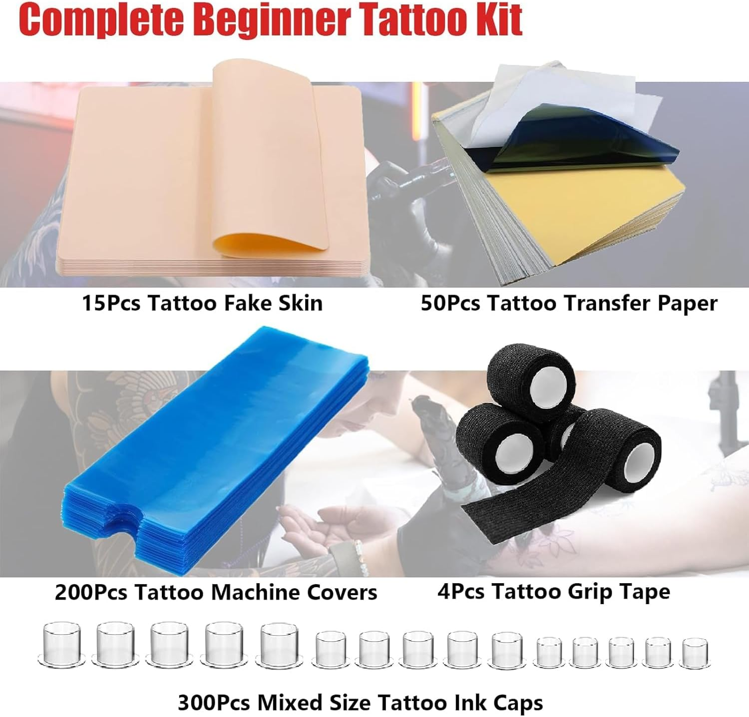 LEAYOKA 569Pcs Artificial Skin Tattoo Set with Tattoo Practice Skin, Tattoo Stencil Paper, Colour Cups, Pen Cases and Grip Tape - Comprehensive Package for Realistic Tattoo Exercises Tattoo image number 4