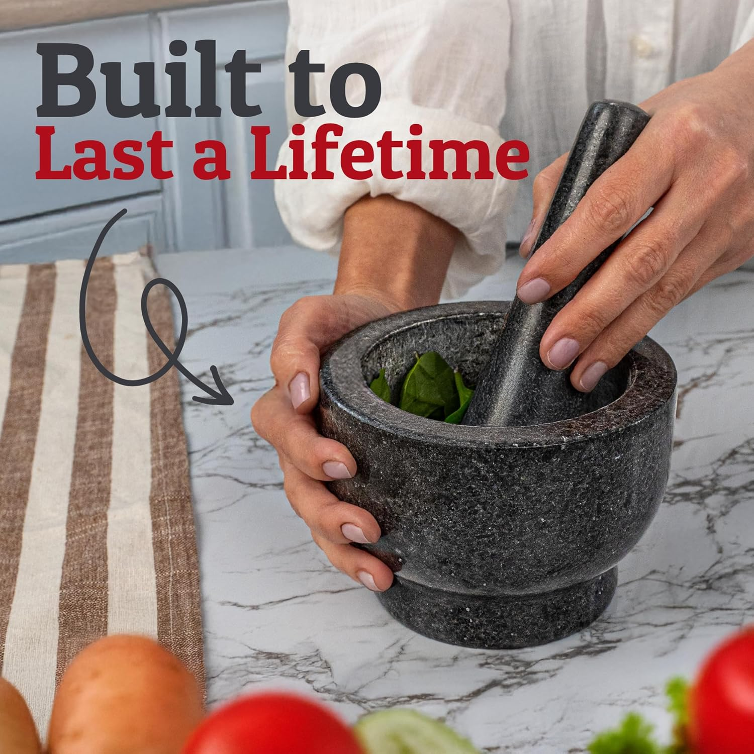 Heavy Duty Large Mortar and Pestle Set, 2 Cups, 100% Natural Granite Mortar and Pestle Stone Grinder Bowl, Molcajete Bowl, Avacado Masher Guacamole Bowls, Black image number 3