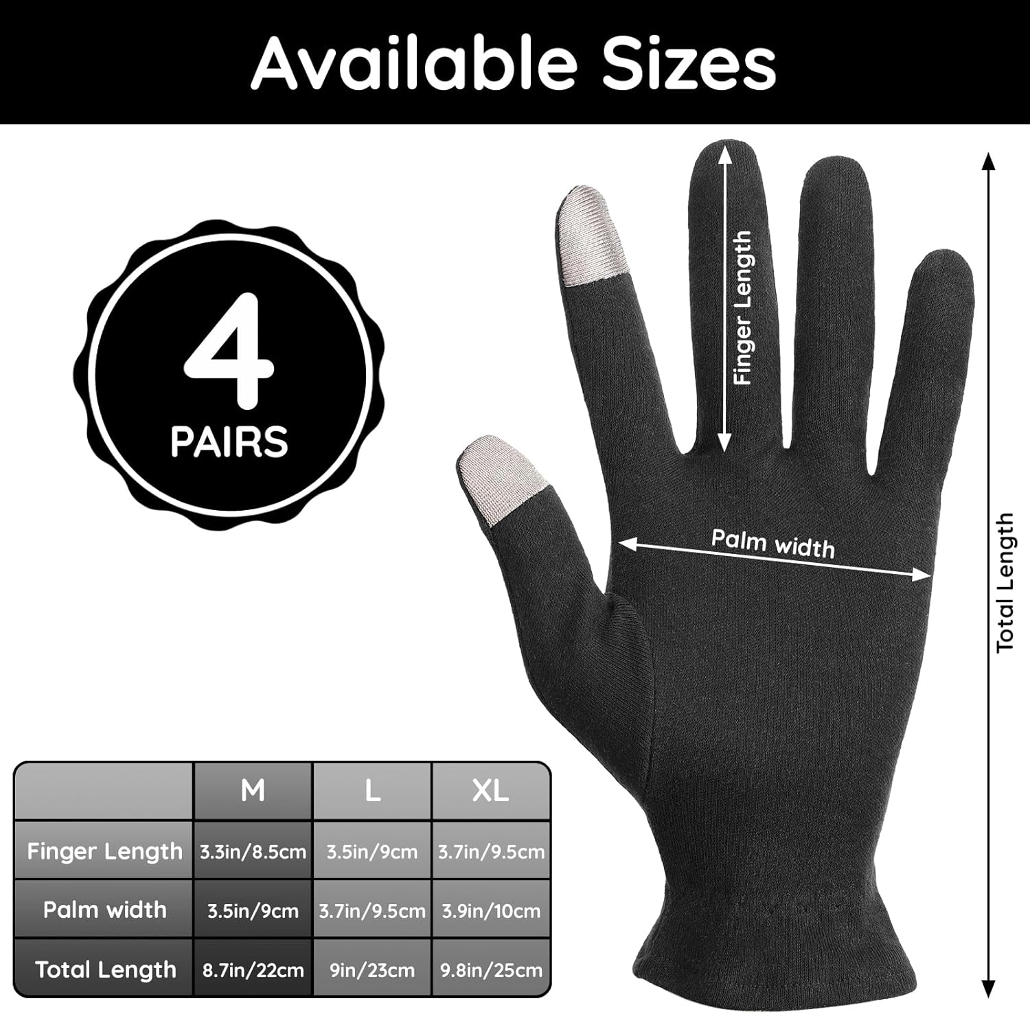 Segbeauty 8 Counts Black Cotton Gloves Touchscreen for Women and Men, 4 Pairs Hand Moisturizer Gloves with Elastic Band, Soft Sleeping Glove for Dry Hands Overnight, Spa Lotion Cotton Glove Liners image number 1