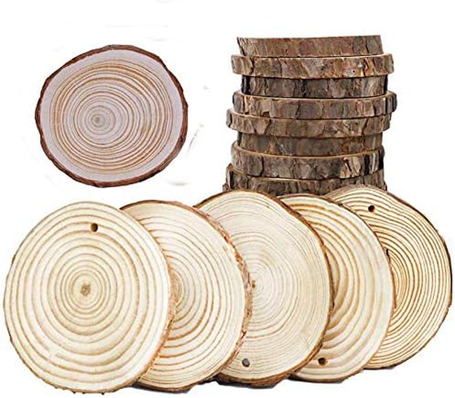 HIGHROCK Unfinished Natural Wood Slices Wood Coaster Pieces Craft Wood Kit Predrilled with Hole Wooden Circles Great for Arts and Crafts Ornaments DIY Crafts with Bark Rustic Wedding (4CM~5CM) image number 2