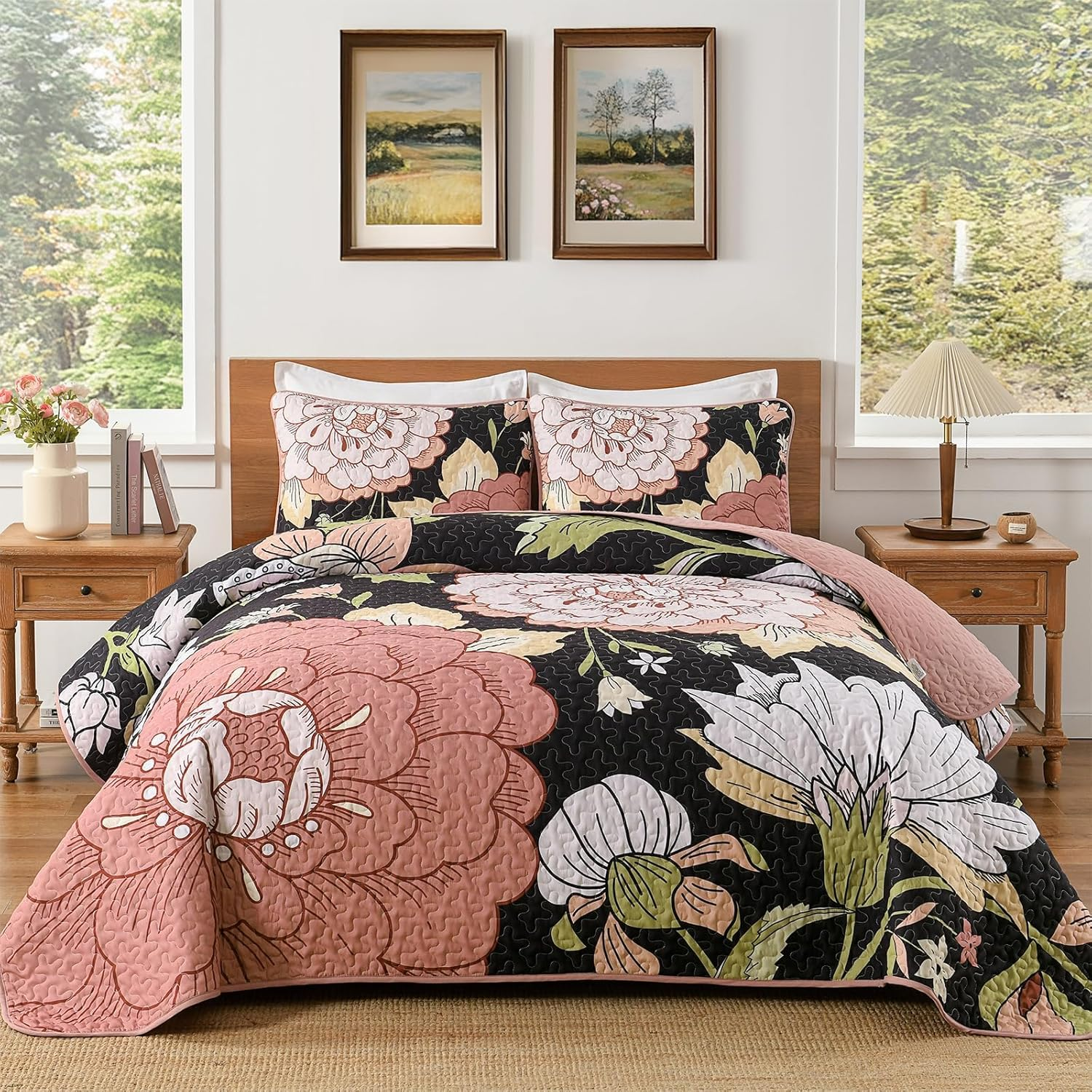 DJY Floral Quilt Set King Size Grey Pink Boho Flower Bedspread Coverlet Set 3 Pieces Soft Microfiber Farmhouse Botanical Bohemian Bedding Set with 2 Pillowcases for All Season (110''X90'')