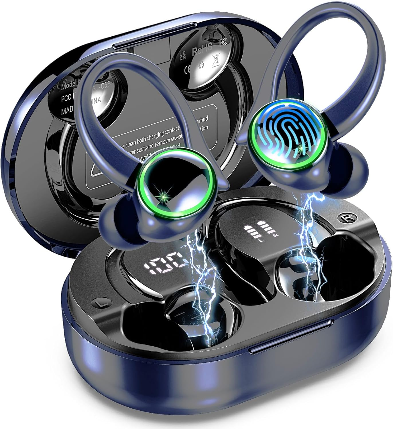 Wireless Earbuds, Bluetooth 5.4 Headphones Sports, 50H Playback Over-Ear Buds with ENC Noise Cancelling Mic, Deep Bass Fitness Earphones Gym Running, IP7 Waterproof Headset with Earhook Workout