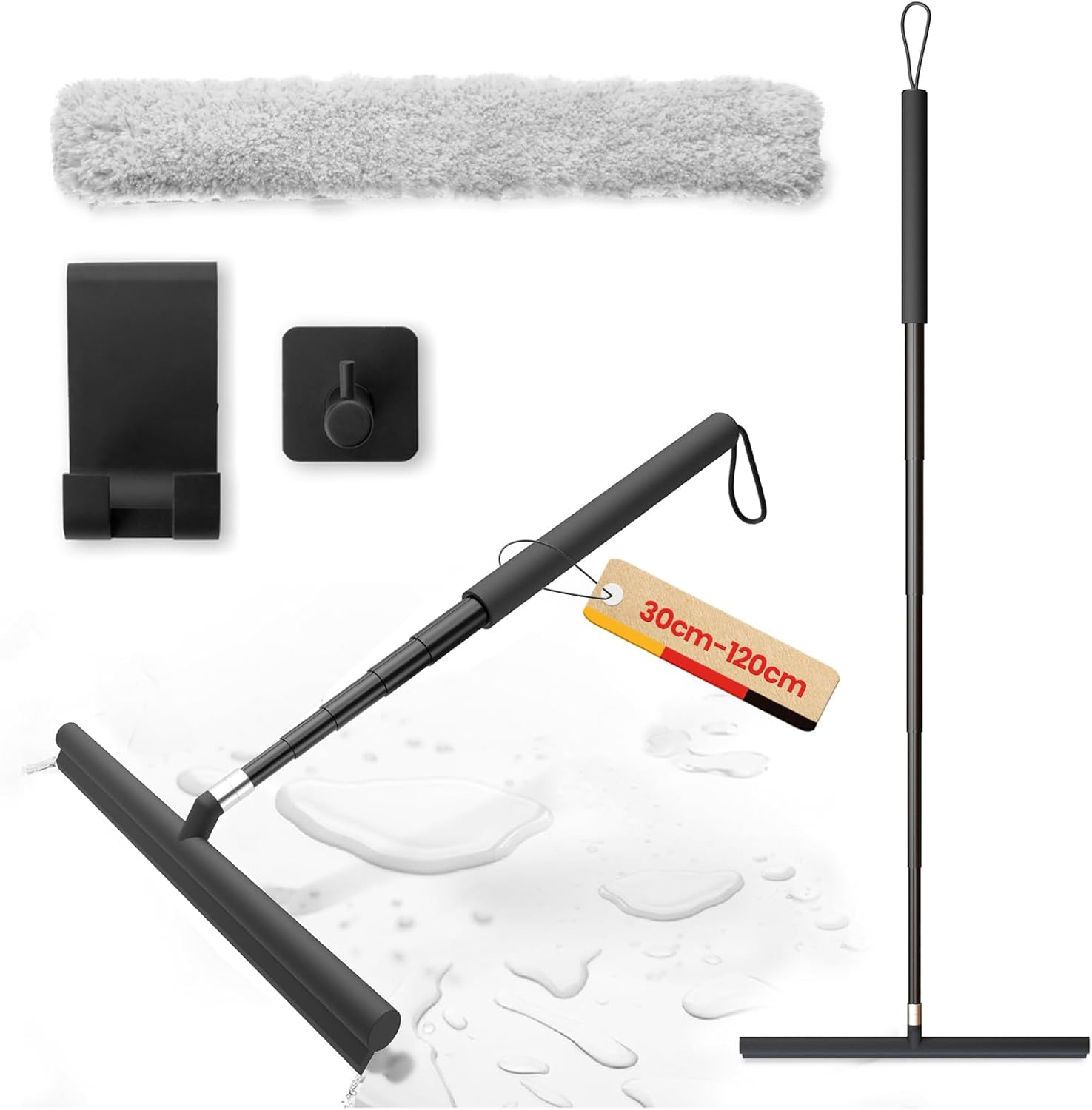 Shower Squeegee Long Handle, Window Wiper and Window Squeegee 2 in 1, Squeegee Shower Floor, 120 Cm Telescopic Rod, Water Pusher, Floor Squeegee, Window Cleaning Set, Glass Wiper for Shower (Black) image number 2