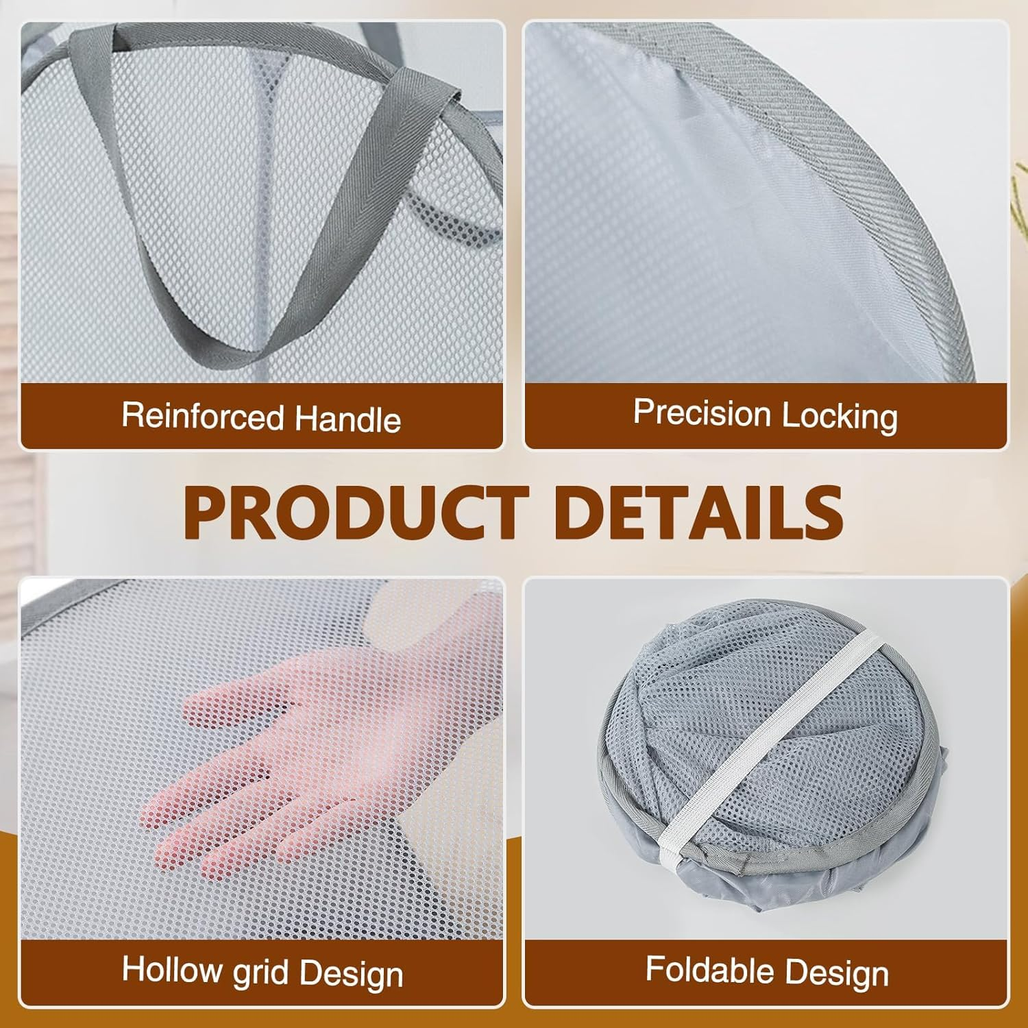 Vellaluna Collapsible Laundry Basket,3 Compartments Mesh Laundry Basket, Large Laundry Hamper Basket with Handle,Collapsible Mesh Dirty Clothes Hamper for Bathroom, Kids Room,Travel or Camping image number 4