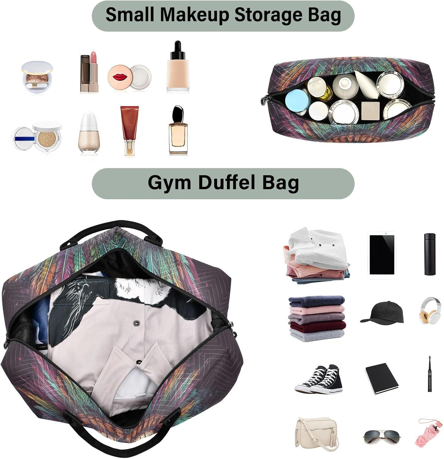 WOIWB Duffel Bag Set with Toiletry Bag for Travel Gym Sport, Luggage Sleeve Weekender Bag Carry on Overnight Bag-Skull with Feathers Print, Multicolor, 20.5 X 7.9 X 13.8 Inches+9.1 X 3.5 X 5.9 Inches