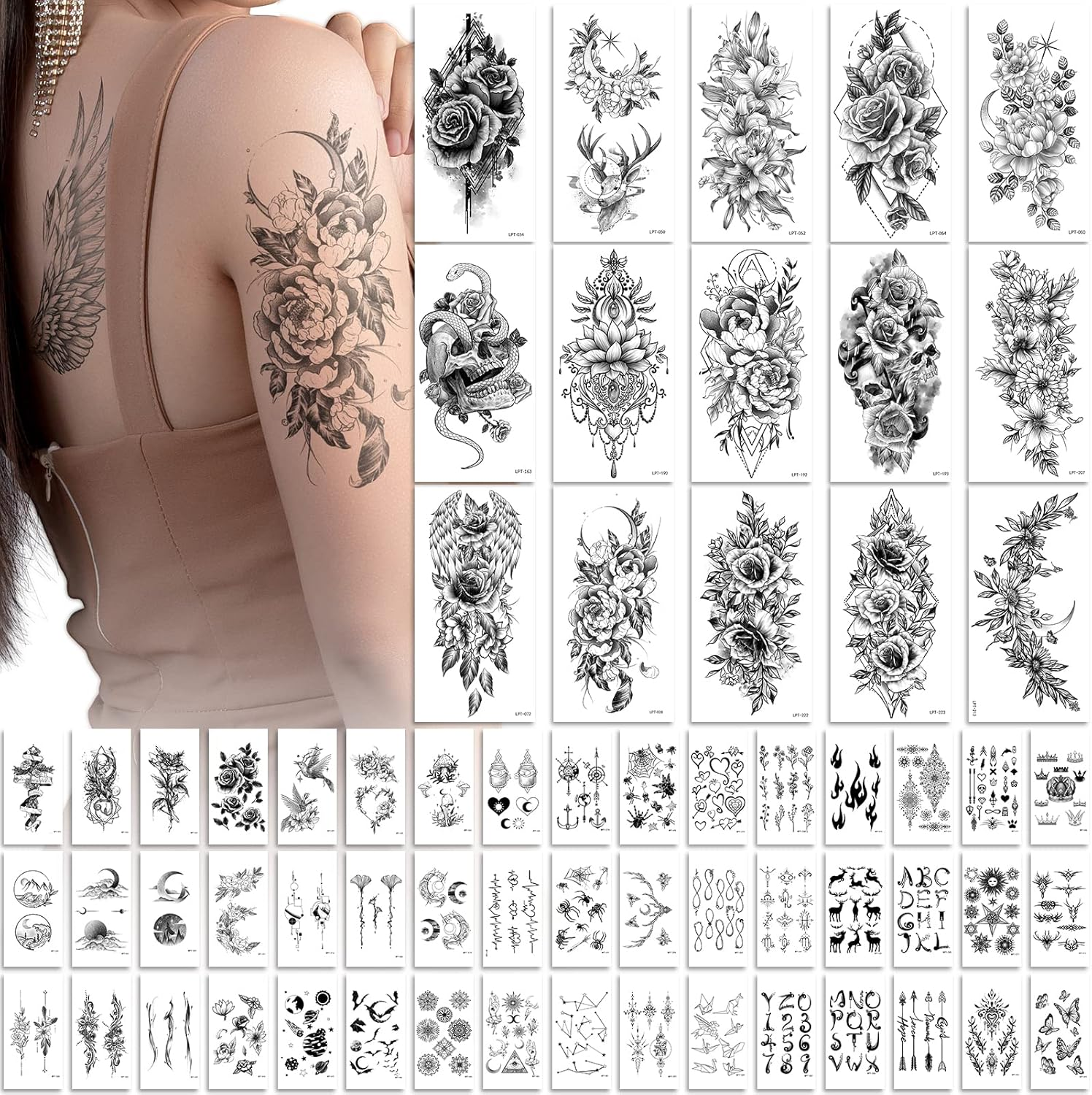 EMOME 400+ Styles Realistic Temporary Tattoos for Women, Long Lasting Semi Permanent Tattoo, Large Flowers Rose Tattoos Stickers and Fake Tattoos for Adults Girls Arm Neck Face(79 Sheets) image number 1