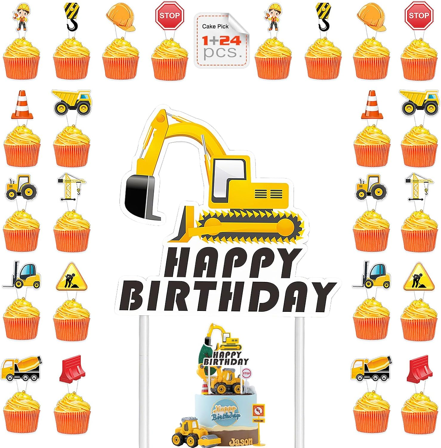 25 PCS Construction Digger Cake Topper Set - for Happy Birthday Party Supplies Boys Birthday Party Decorations image number 3