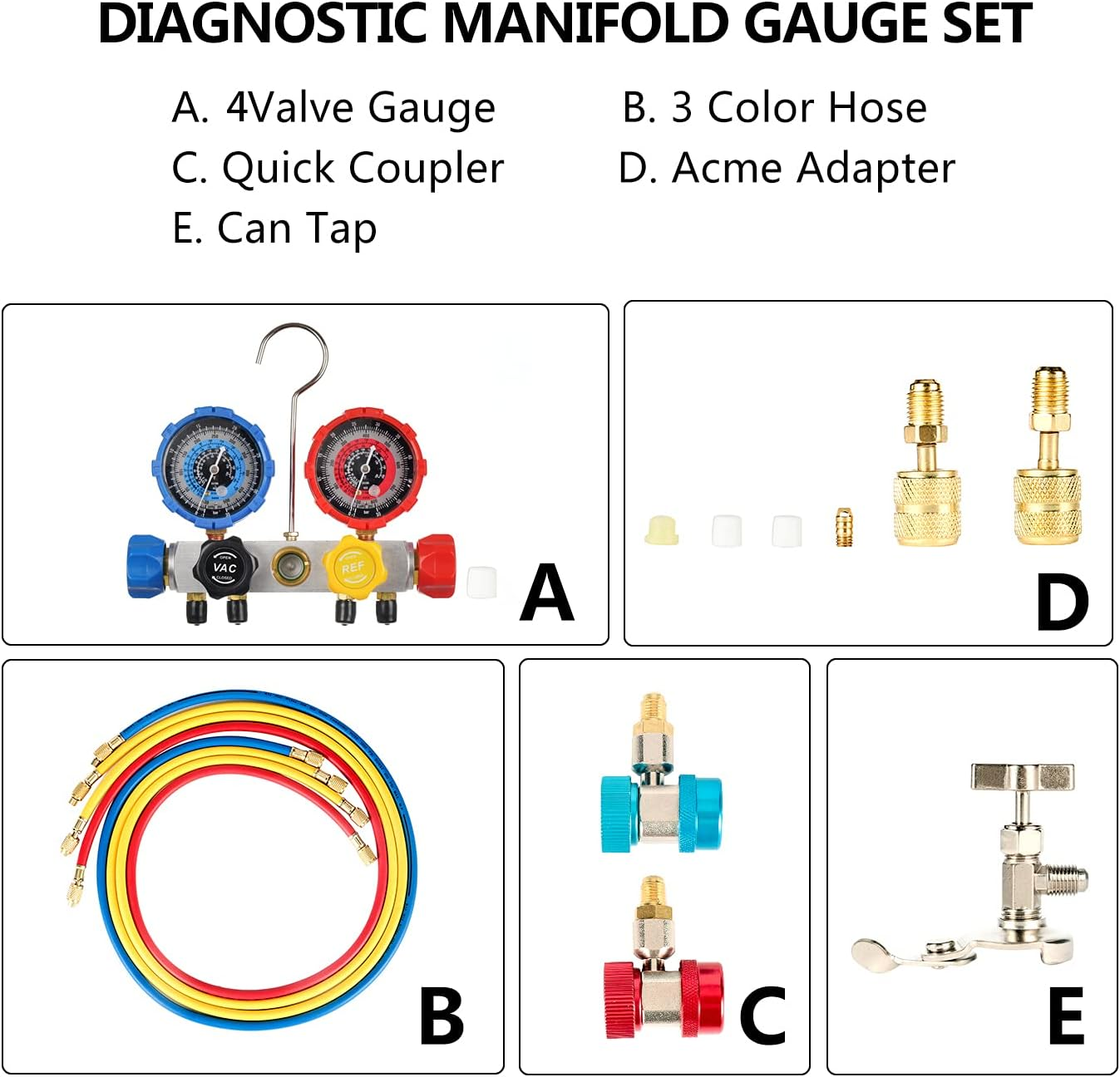 P PBAUTOS 4-Way A/C Diagnostic Manifold Gauge Set Refrigeration Machine for Vacuum Evacuation, Fits R410A, R22, R134A, R404A Refrigerants with Hoses, Couplers and Can Tap image number 4