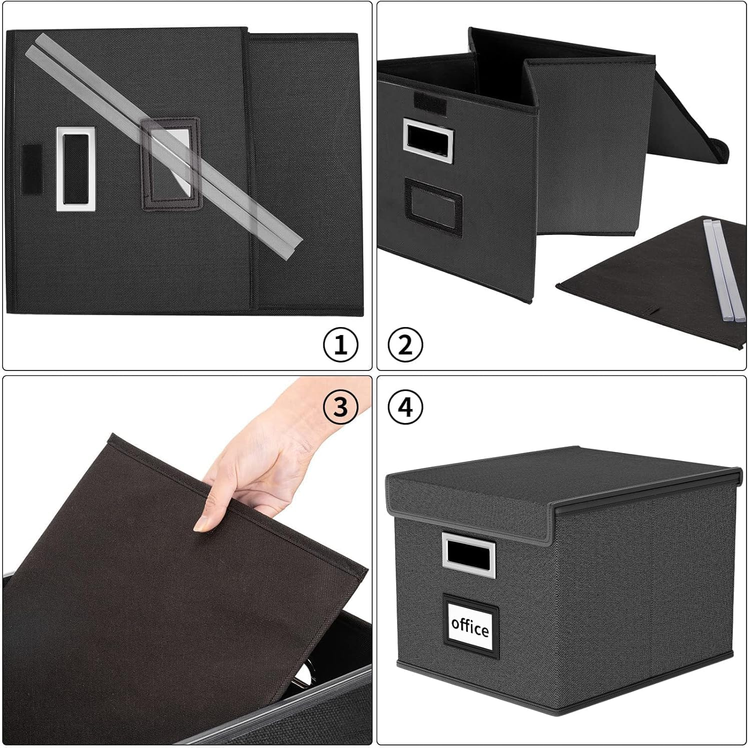 File Organizer Box, Upgraded Large Linen Hanging Office Document Storage Box with Lid, Collapsible Filing Storage Boxes, Filing Box Cabinet for Office Home, Black image number 2