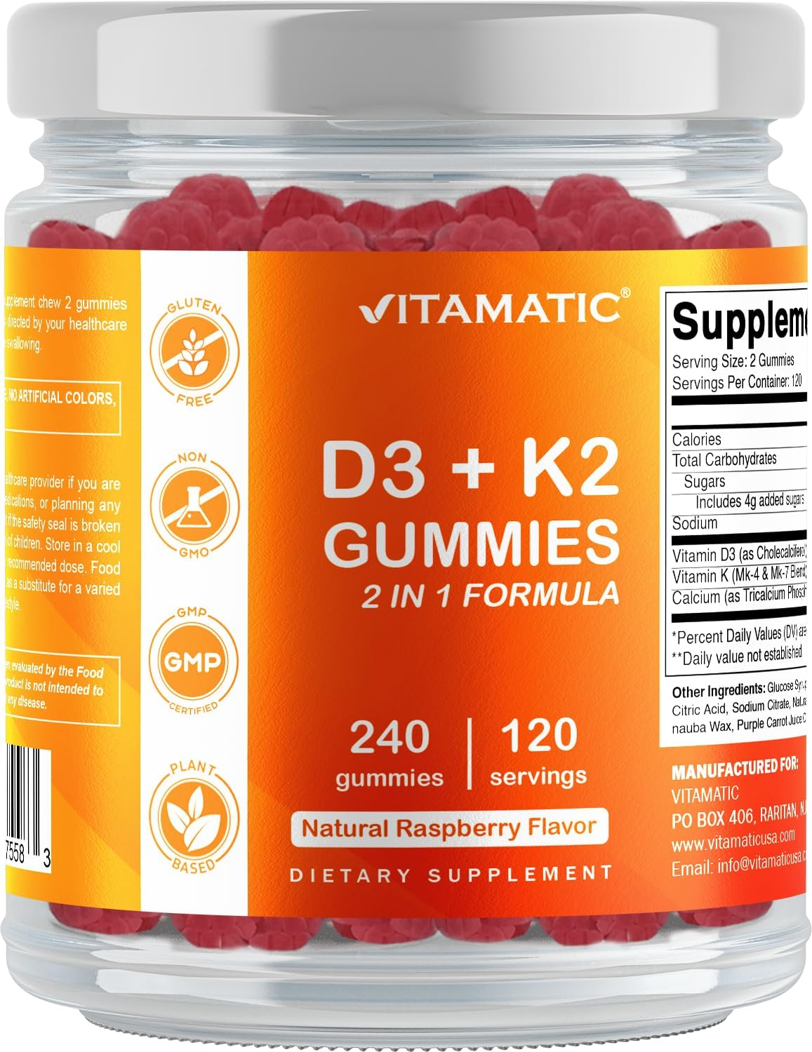 Vitamatic Vitamin D3 K2 with Calcium Gummies - 240 Count - Non-Gmo, Gluten Free image number 2