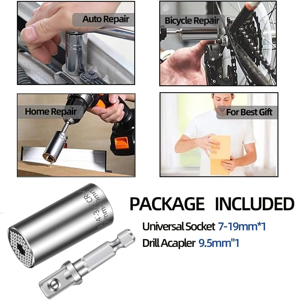 Skycabin Universal Socket Wrench Set with Power Drill Adapter Fits Most Nuts & Bolts,1/4'' - 3/4'' (7-19Mm) Super Universal Socket Tool Kit Gifts for Men Husband Dad Father DIY Handyman image number 3