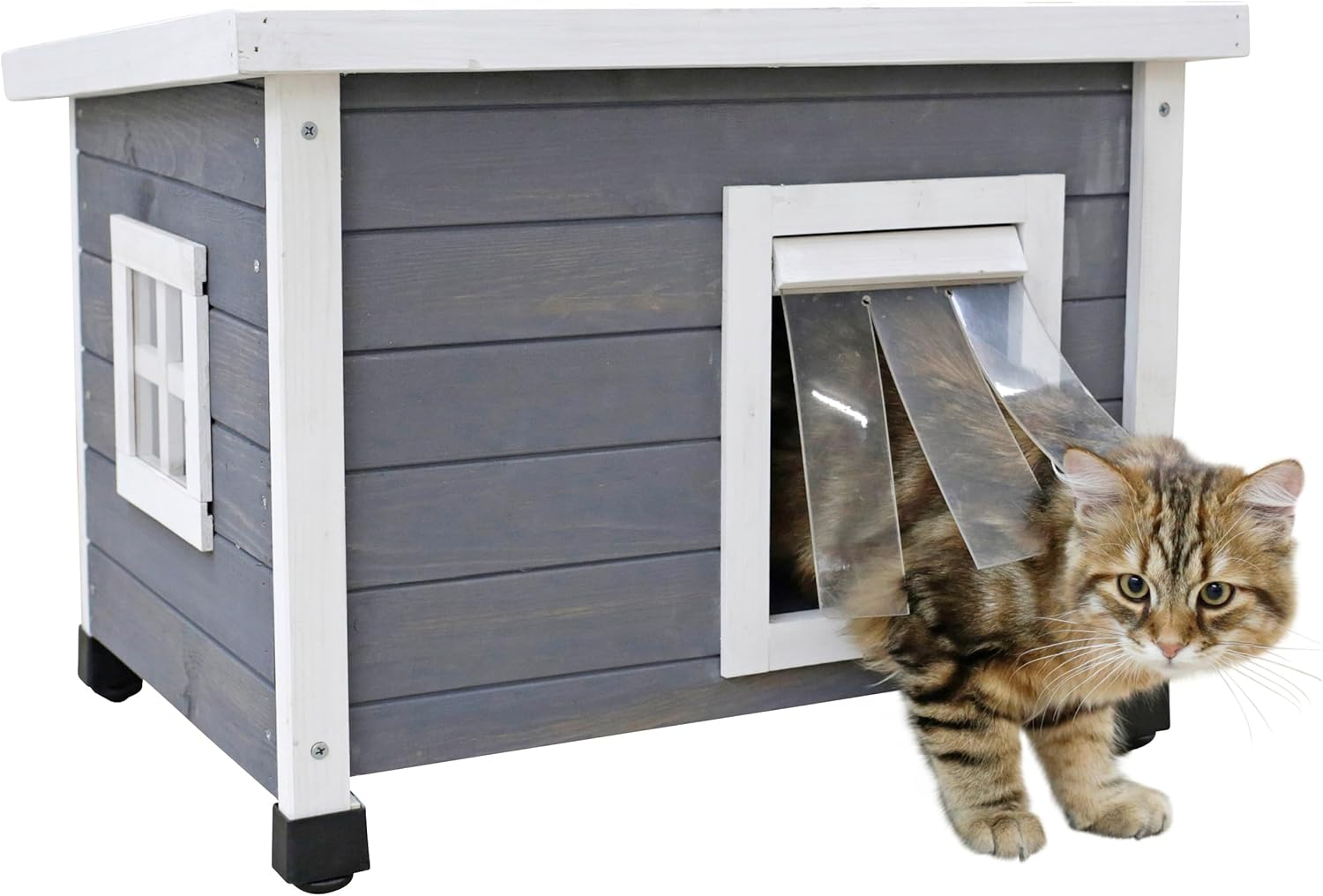 Kerbl Rustica 80991 Cat House Wooden White/Grey Swing Door with Slats, Plexiglass Window, Height-Adjustable Plastic Feet, Cat Villa