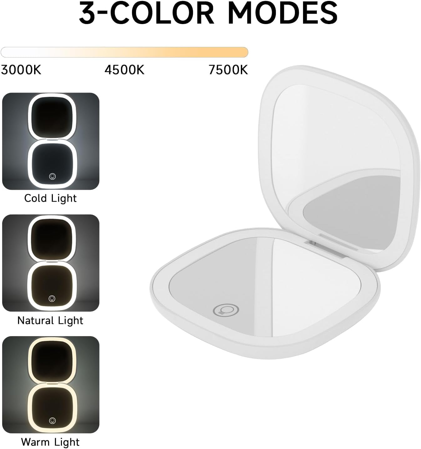 QUMOX 5X Magnifying Lighted Makeup Mirror &ndash; Compact Rechargeable Travel Mirror with LED Light, 3 Color Modes, Dimmable Touch, USB-C Portable Cosmetic Mirror (White)