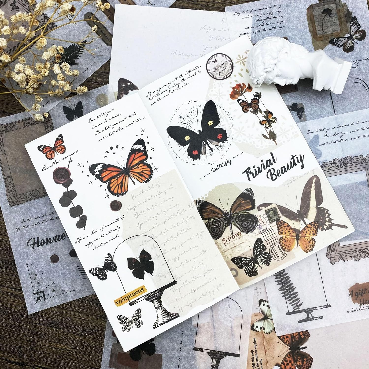 Sticker Book for Adults, 180Pcs Vintage Washi Stickers for Journaling and 20 Sheets Adhesive Scrapbook Papers for Scrapbooking Aesthetic Butterfly Scrapboook Stickers for Bullet Junk Journal Supplies - Coffee Weekly image number 3