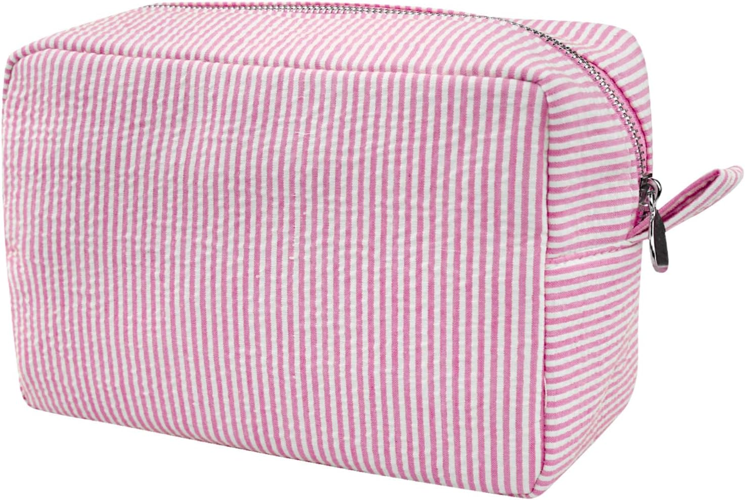 GFU Cosmetic Bag for Women, Large Makeup Bag, Travel Toiletry Stripe Cosmetic Bag, Seersucker Women Aesthetic Organizer Storage Pouch, Girls Handbags Purses (Pink) - Light Blue image number 7