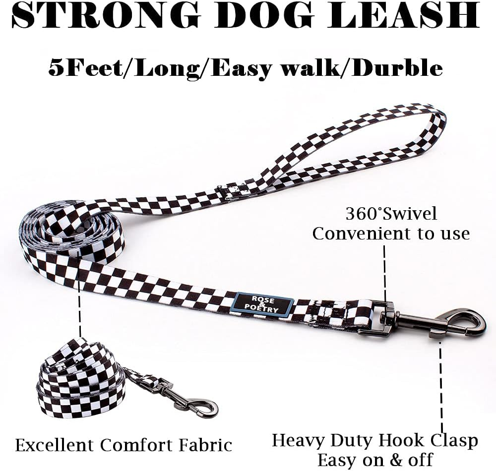 Roses&Poetry Dog Collar and Leash for Medium Large,Adjustable Durable 5Ft Puppy Leash Collar for Dog Training Lead（Black & White-M）