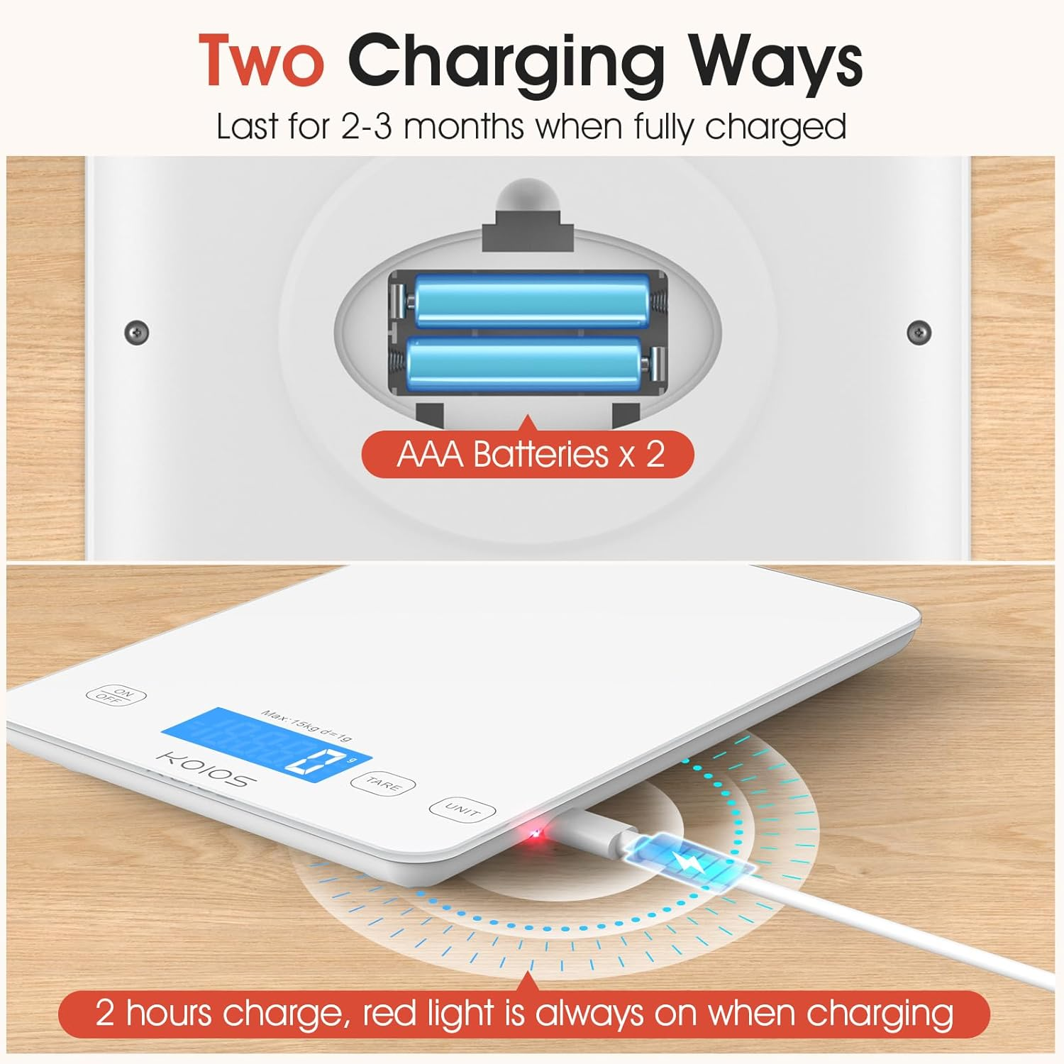 KOIOS Kitchen Scale, 33Lb/15Kg Digital Food Scales Weight in Grams and Ounces for Cooking Baking, 1G/0.1Oz Precise Graduation, Batteries and Type-C Charging, Tare Function, LCD Display, White image number 3