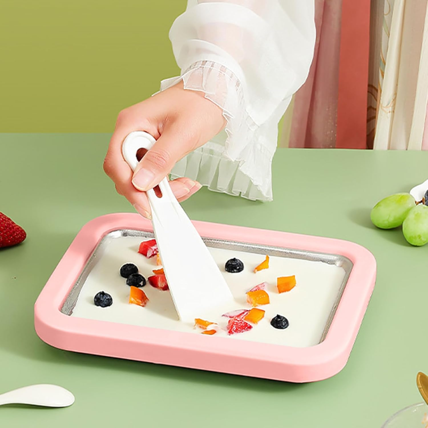 Rolled Ice Cream Machine,Homemade Yogurt Tray | Instant Cold Plate with 2 Spatulas,For Adults Home Kitchen Party Family Gathering Outdoor Holiday