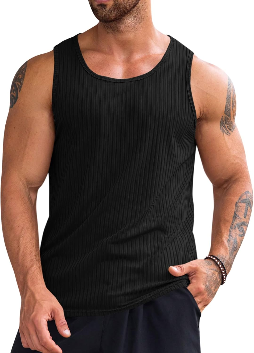 Runcati Men'S Ribbed Tank Tops Knit Sleeveless Workout T Shirt Muscle Gym Fitness Tee