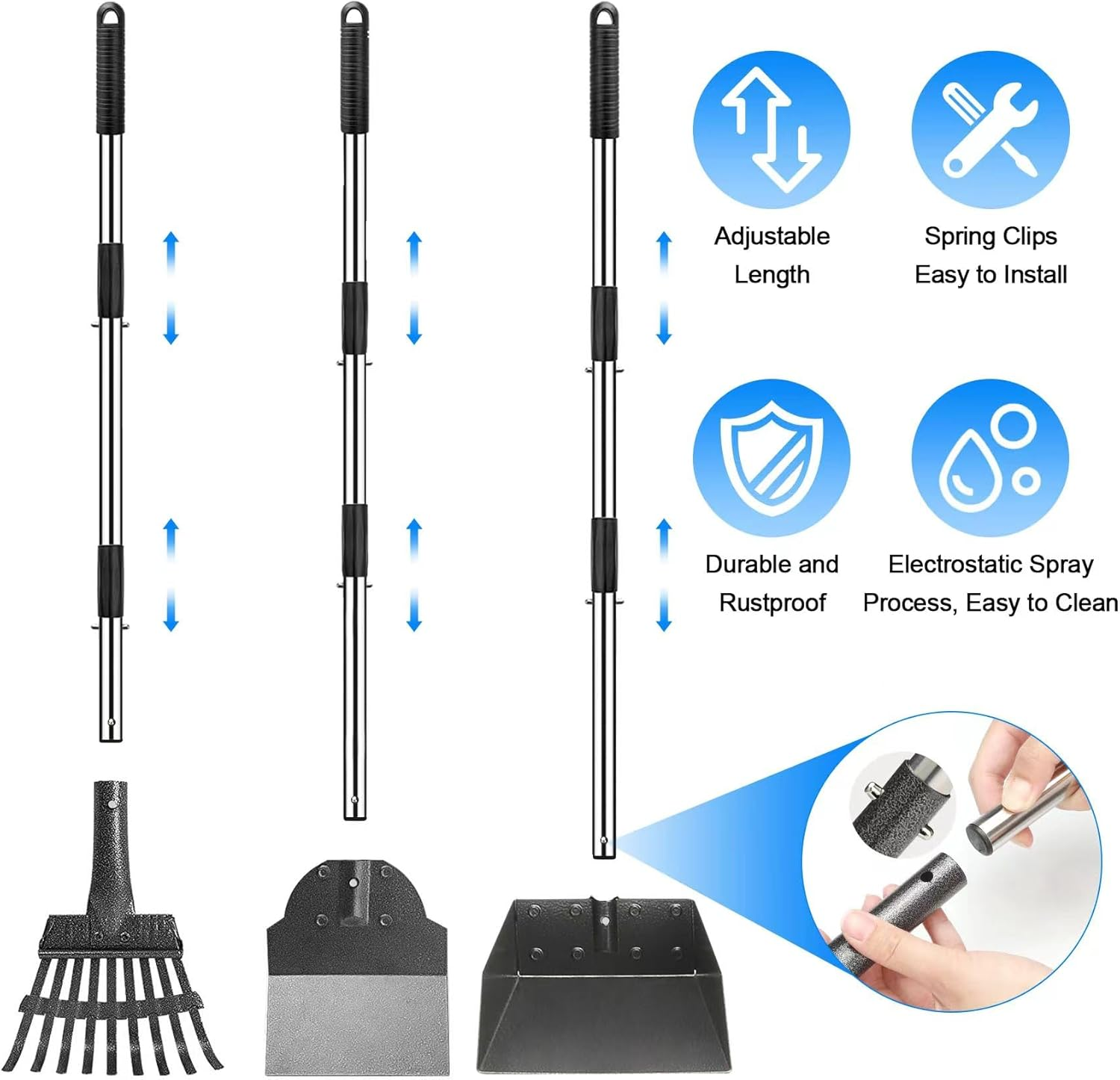 Kakeyrun 3-In-1 Dog Pooper Scooper Set, Tray Rake, and Spade 3 Pack Poop Scoop Adjustable Long Handle Metal with Tray for Pet Waste Removal, No Bending Clean up for Small Medium Dogs (Black) image number 2