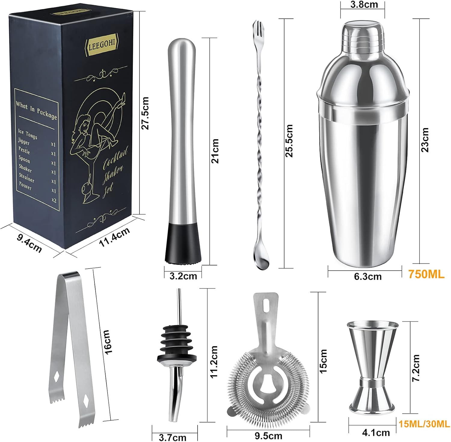 Cocktail Shaker Set|8Pcs Cocktail Making Set Stainless Steel 750Ml Shakers|Bartender Kit Bar Tool Set with Strainer, Pourers, Muddler, Double Jigger, Mixing Spoon at Home & Bar Gift Set image number 6