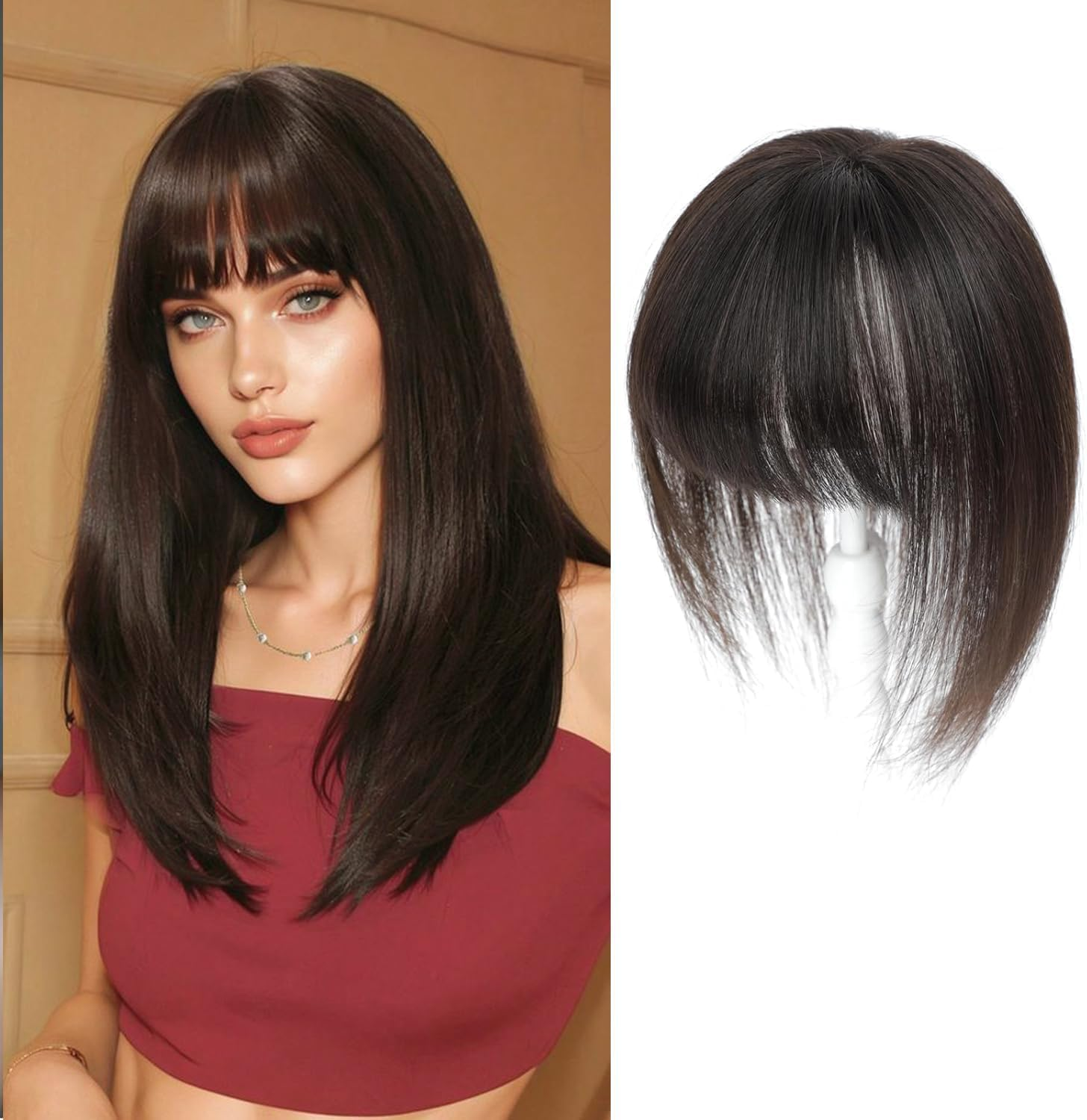 Hair Toppers for Women Human Hair Topper with Bangs Hand-Woven Swiss Base Hair Topper (Dark Brown) image number 1