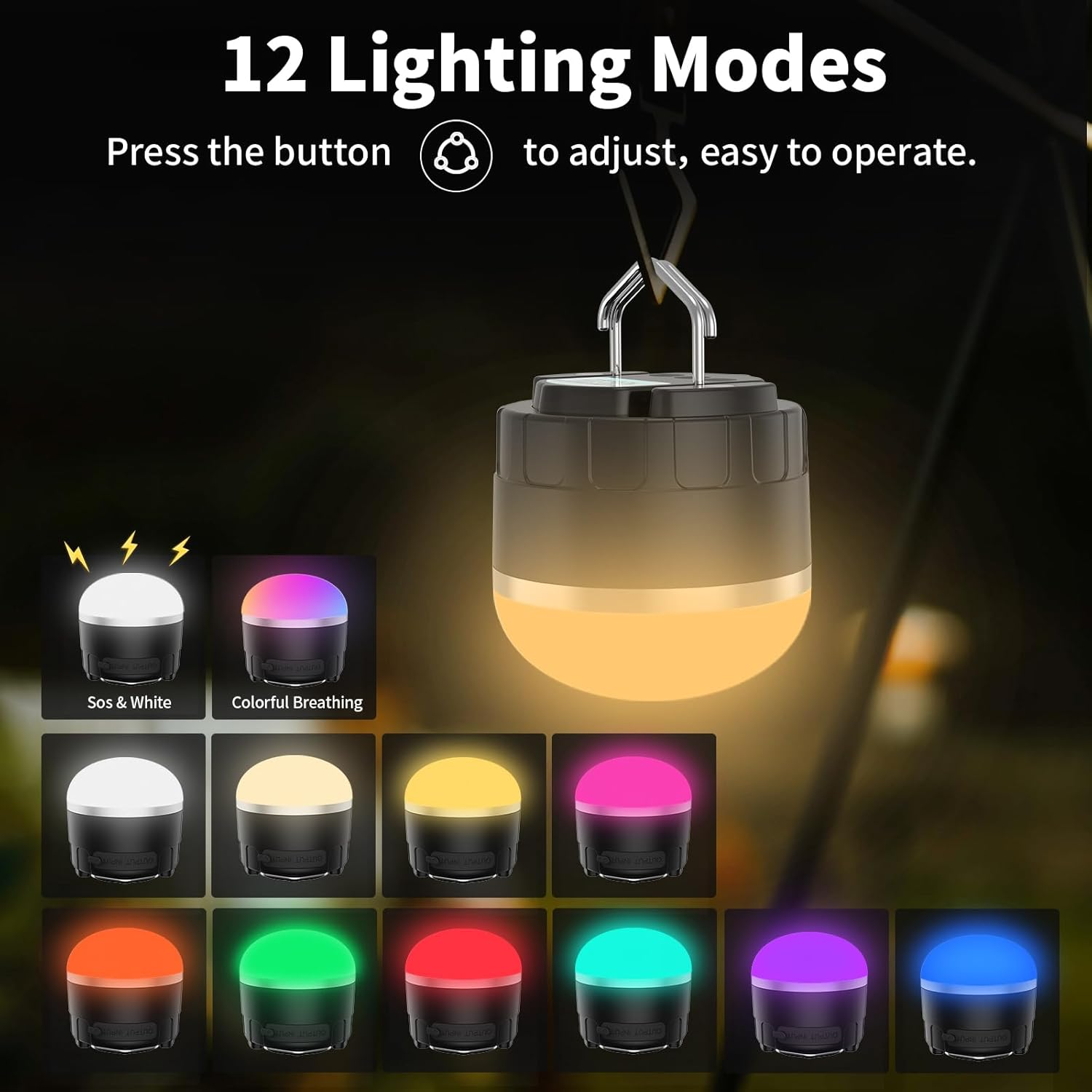 Phylosal LED Camping Lantern Rechargeable, 1000LM Portable Tent Light with 12 RGB Lighting Modes, Power Bank, Waterproof, Mini Flashlight with Magnetic Base for Emergency, Power Outages, Hiking, Home image number 4