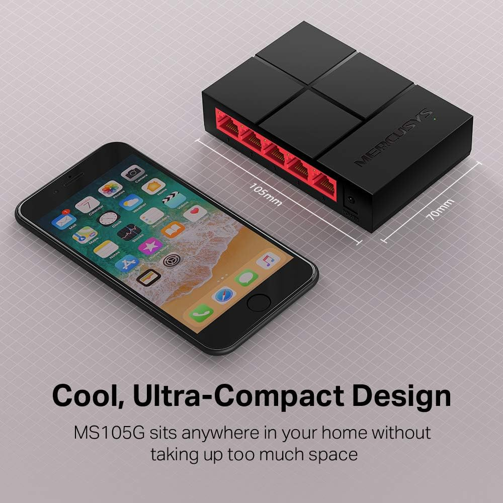 Mercusys 5-Port 10/100/1,000 Mbps Desktop Switch, RJ45, Gigabit Ports, Auto MDI / MDIX, Easy Wired Network Expansion, Compact Design, Plug & Play, No Configuration Required, Power Saving(Ms105G) image number 5