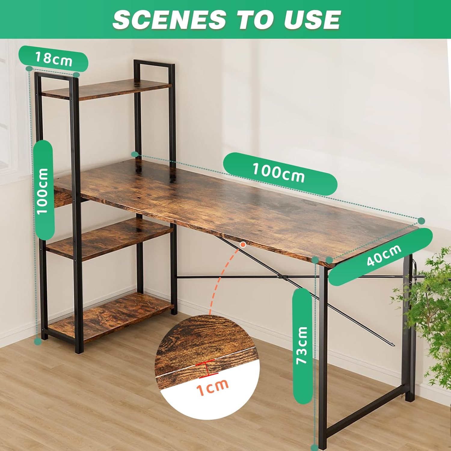 Computer Desk, Gaming Desk with Reversible Storage Shelves, Modern Metal Gaming Desk, PC Desk Workstation for Home Office, Rustic Brown image number 5