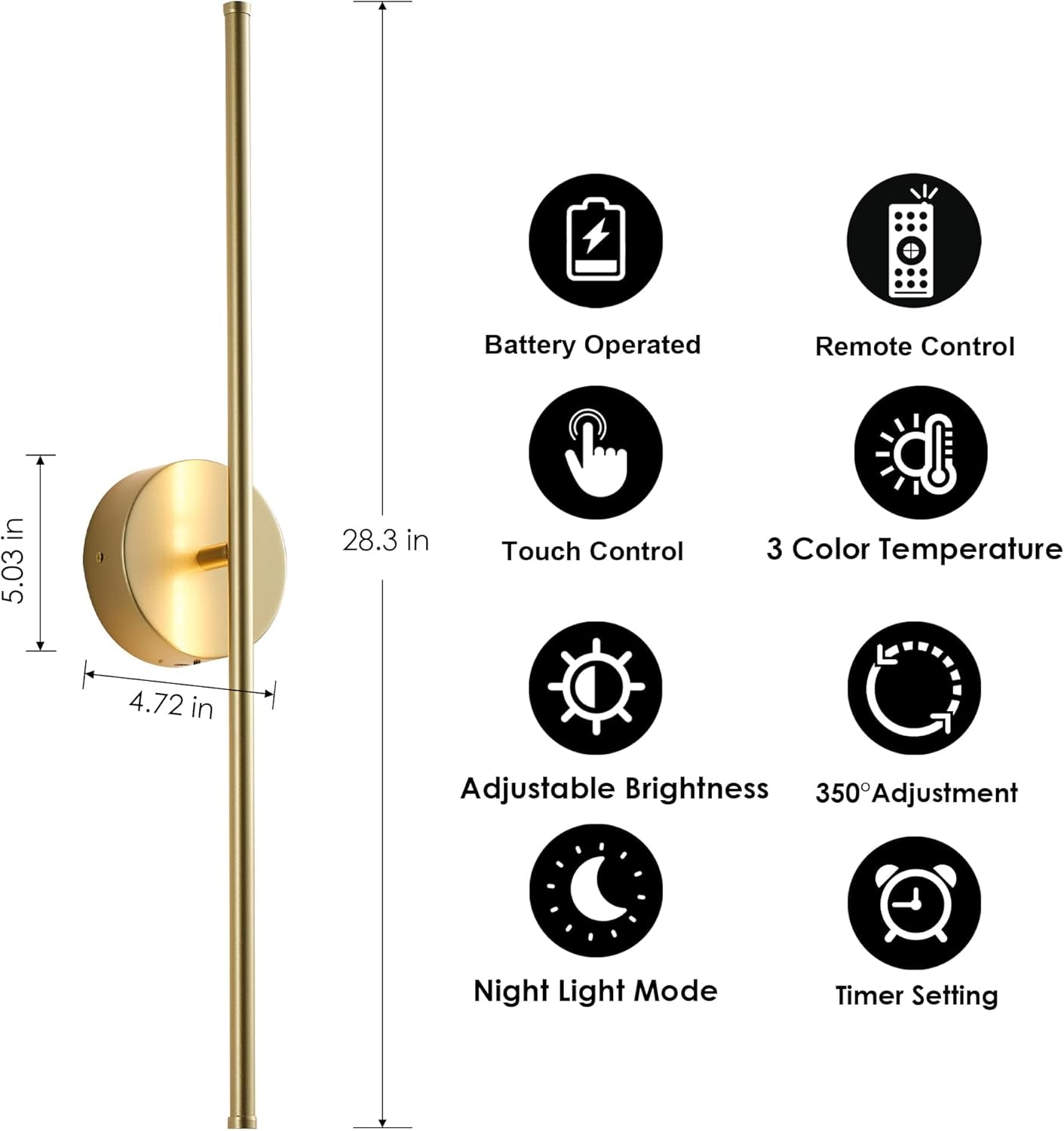 Battery Operated Wall Sconces with Remote Control,Wall Sconces Set of 2,3000K-6000K LED Wireless Wall Light for Bedroom, Hallway, Wall, 360&deg;Rotate,28.3 Inch, 2 Pack Gold round Base image number 4
