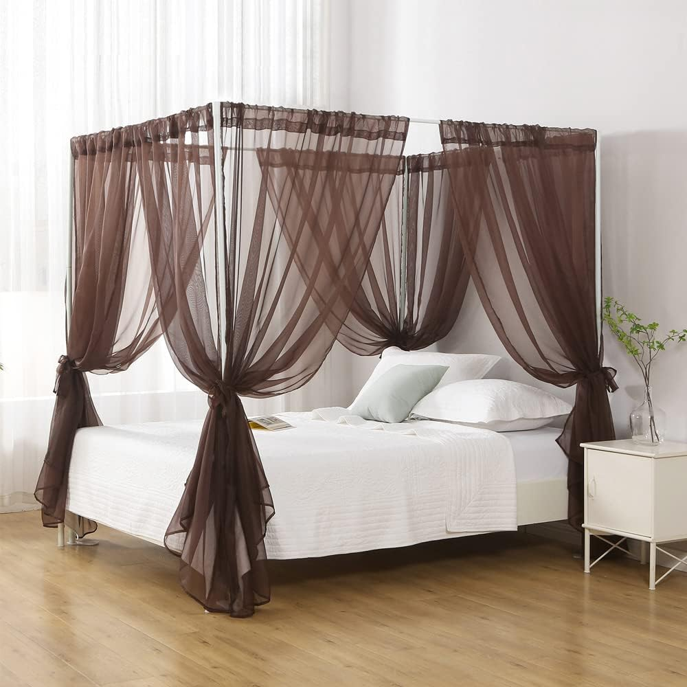 WANFASO Princess Chiffon Bed Canopy, Canopy Curtains for Queen Bed Adults, 4 Post Bed Drapes Room Decor(Light Coffee)