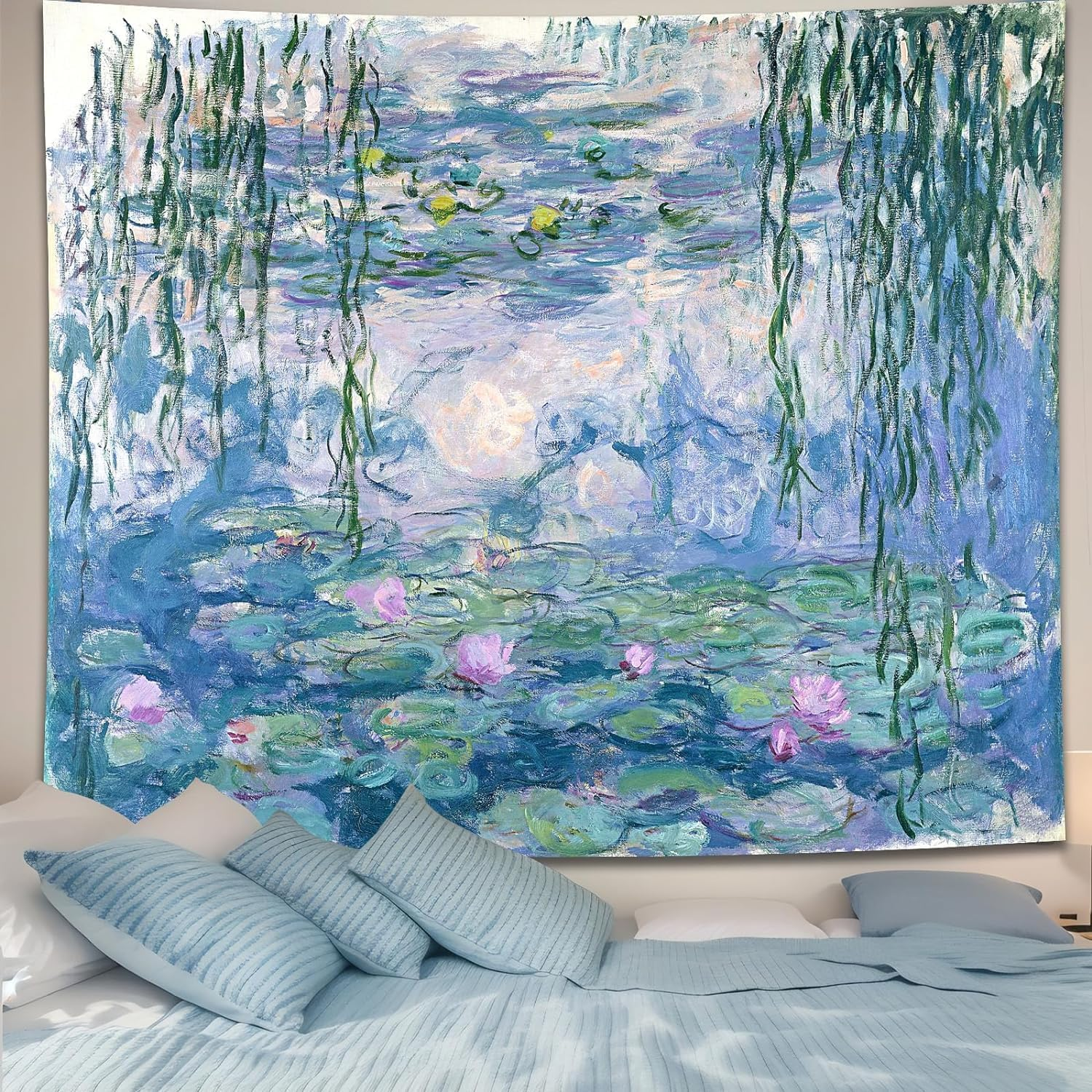 Water Lilies Tapestry Wall Hanging Monet Flowers Floral Wall Art with Hemmed Edges, Wall Blanket Home Decor for Bedroom College Dorm, Blue, 60X51 Inches(Water Lily) image number 4