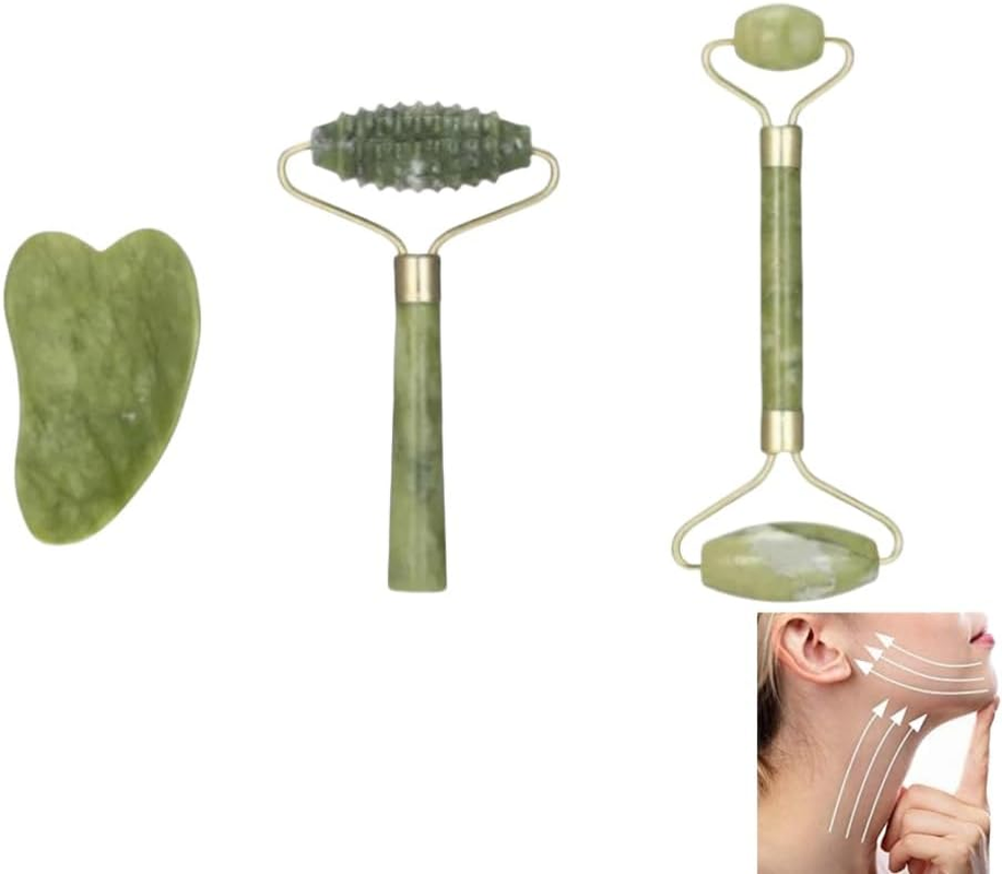 3 Pieces Jade Roller and Gua Sha Tool, GYWHOOFT Jade Roller and Gua Sha Massage Set anti Aging Wrinkle Reduction Facial Roller for Face,Neck Natural Jade Stone for Toning and Firming Skin image number 3