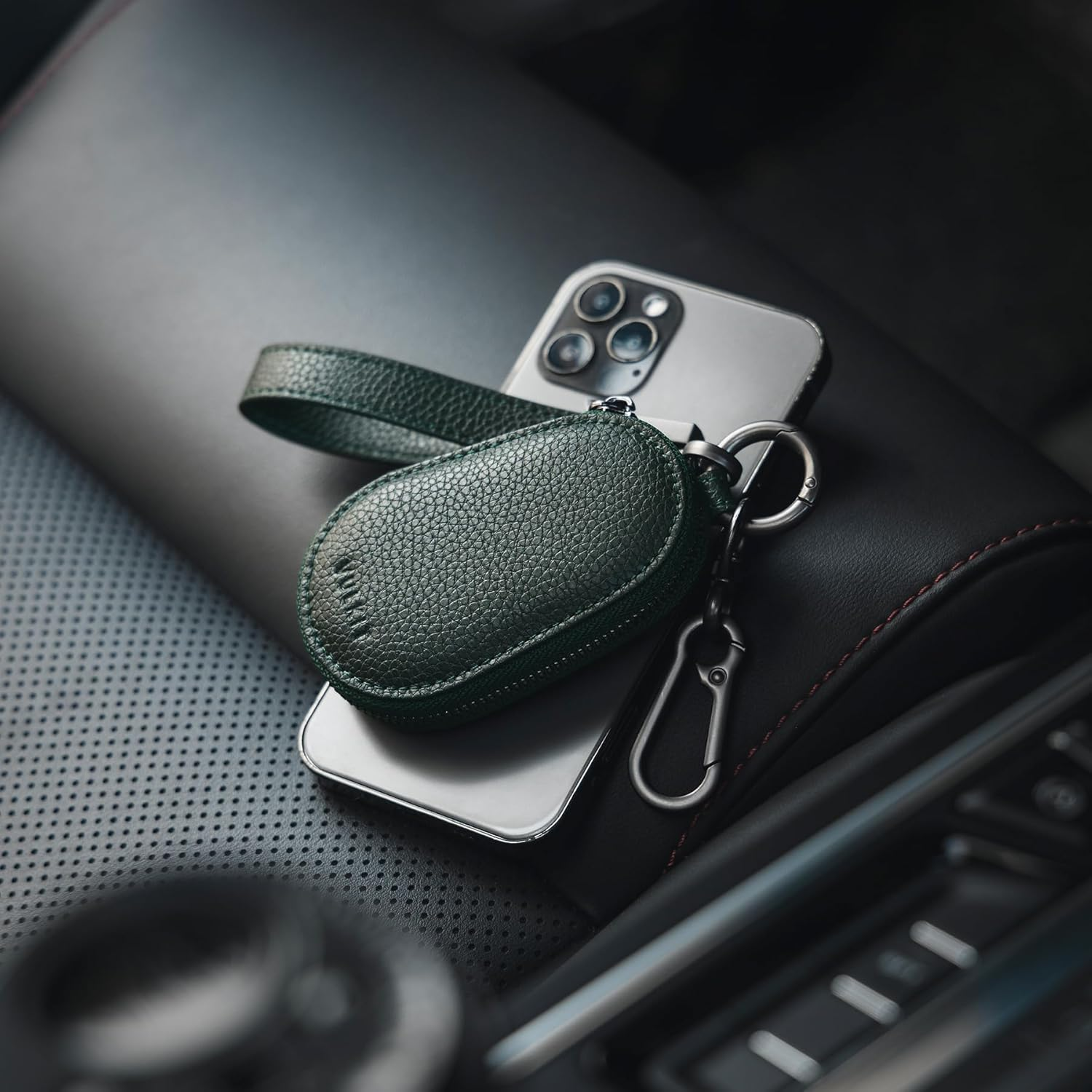 VULKIT Leather Car Key Case Universal Fitted for Car Keys with Lanyard Belt Loop Key Holder Wristlet Keychain for Men and Women image number 2