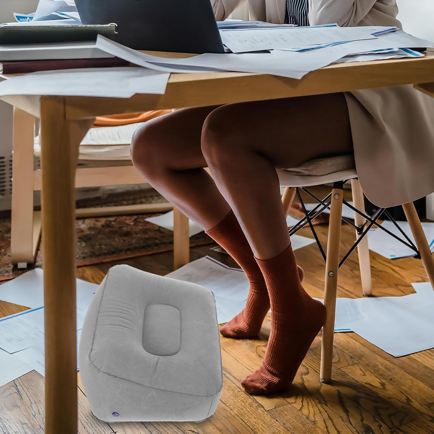 2Pcs Inflatable Travel Foot Rest Cushion Portable Pvc Flocking Footstool for Airplane, Car, Train, Office, and Home Relaxation image number 4