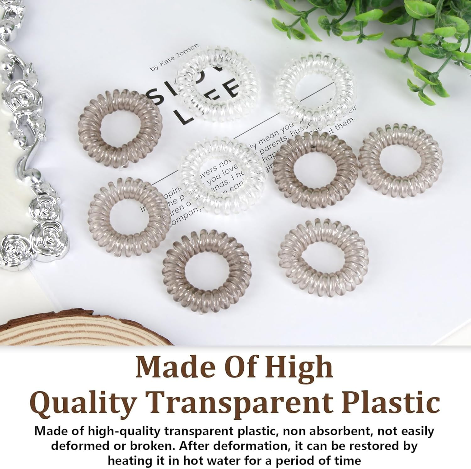 9 Pcs Spiral Hair Ties for Women, Gradient Colors Waterproof Plastic Hair Bands No Damage, Invisible Bobble Suitable for Home Travel Work Swimming Thick Hair Students Working Women & Housewives (Gray)