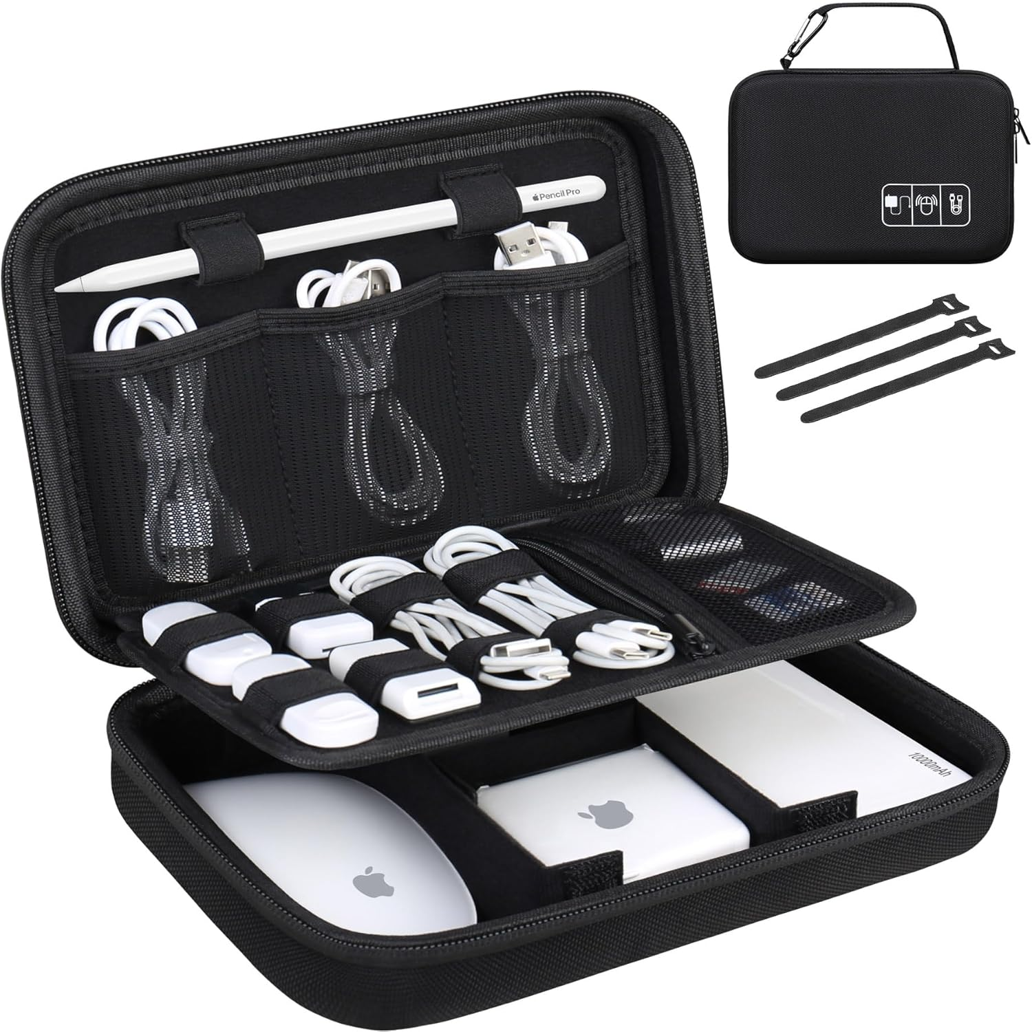 Lacdo Hard Travel Electronic Organizer Case for Macbook Power Adapter Charger, Cables, Apple Pencil, Mouse, Power Bank, USB Flash Disk,Sd Card Small Protective Portable Accessories & 3 Cable Tie,Black