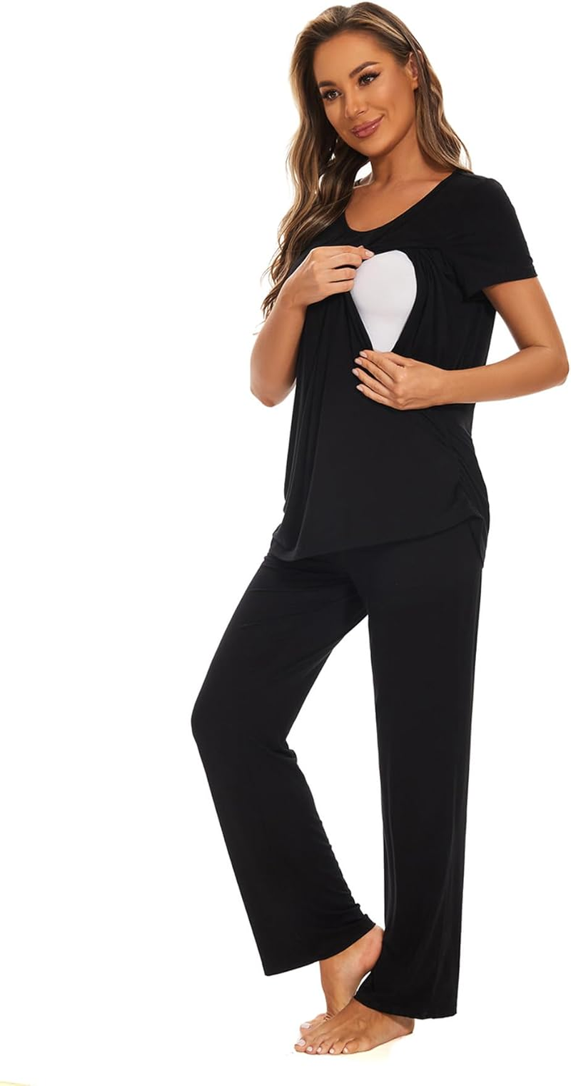 Smallshow Women'S Maternity Postpartum Pajamas Ruched Short Sleeve Nursing Pjs image number 4