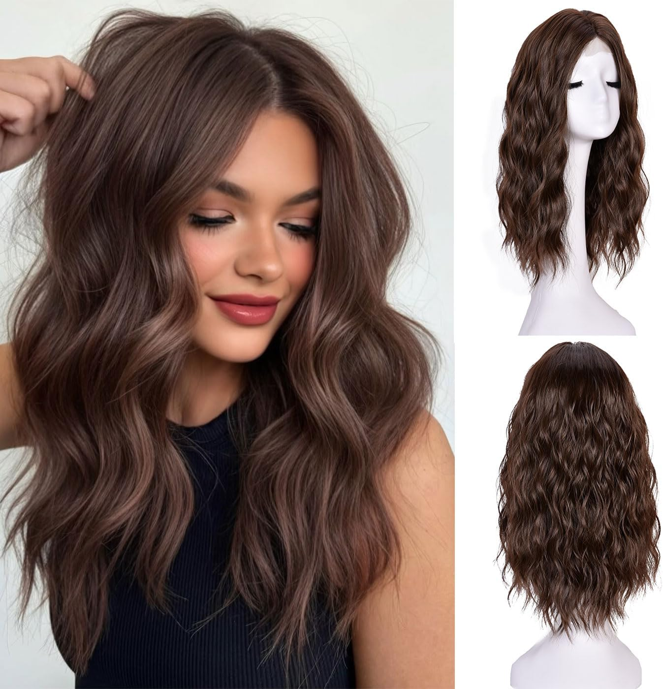 ISAMY 18 Inch Wigs for Women Medium Part Synthetic Hair Wavy Wig for Daily Use (Brown) image number 3