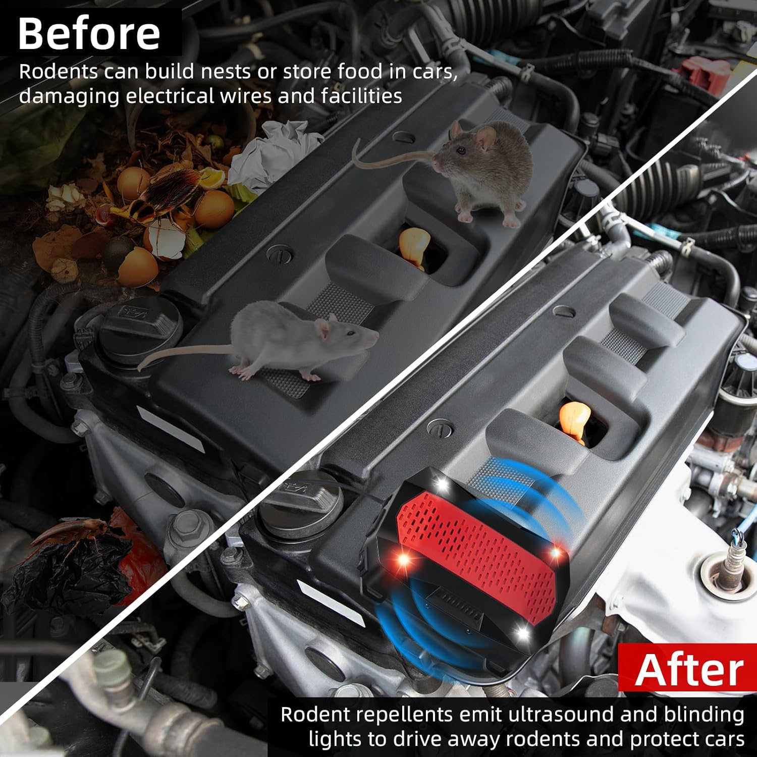 2 Pack Ultrasonic Rodent Repellent under Hood Animal Repeller Battery Powered with Red & White Strobe Lights Rat Deterrent Out of Car Engines Rodent Defense Vehicle Protection image number 3