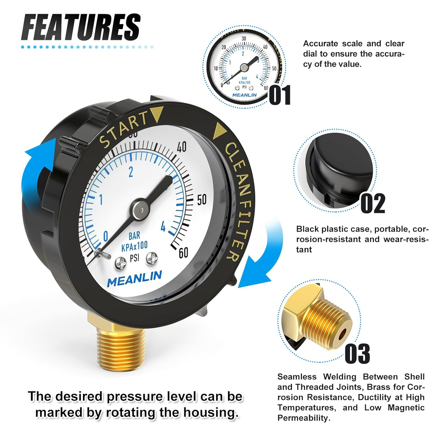 MEANLIN MEASURE 0~60Psi Plastic Frame 1/4" NPT Start and Clean Filter Pressure Gauge，Suitable for Swimming Pool, Spa, Aquarium，Lower Mount