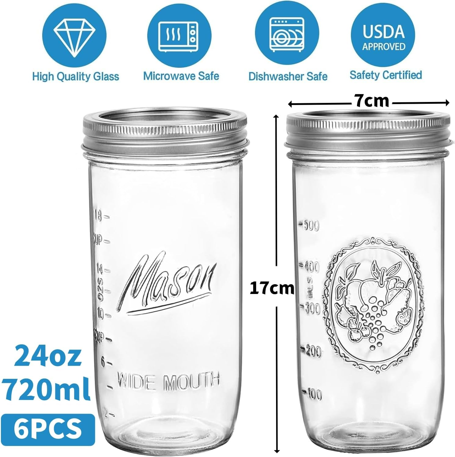 LATERN 6Pcs 24Oz Wide Mouth Mason Jars, 720Ml Printed Glass Jar Leakproof Mason Glass Jars with Airtight Lid and Band for Preserving Jam Honey Jelly Sauces Meal Prep Overnight Oats Salad Yogurt image number 4