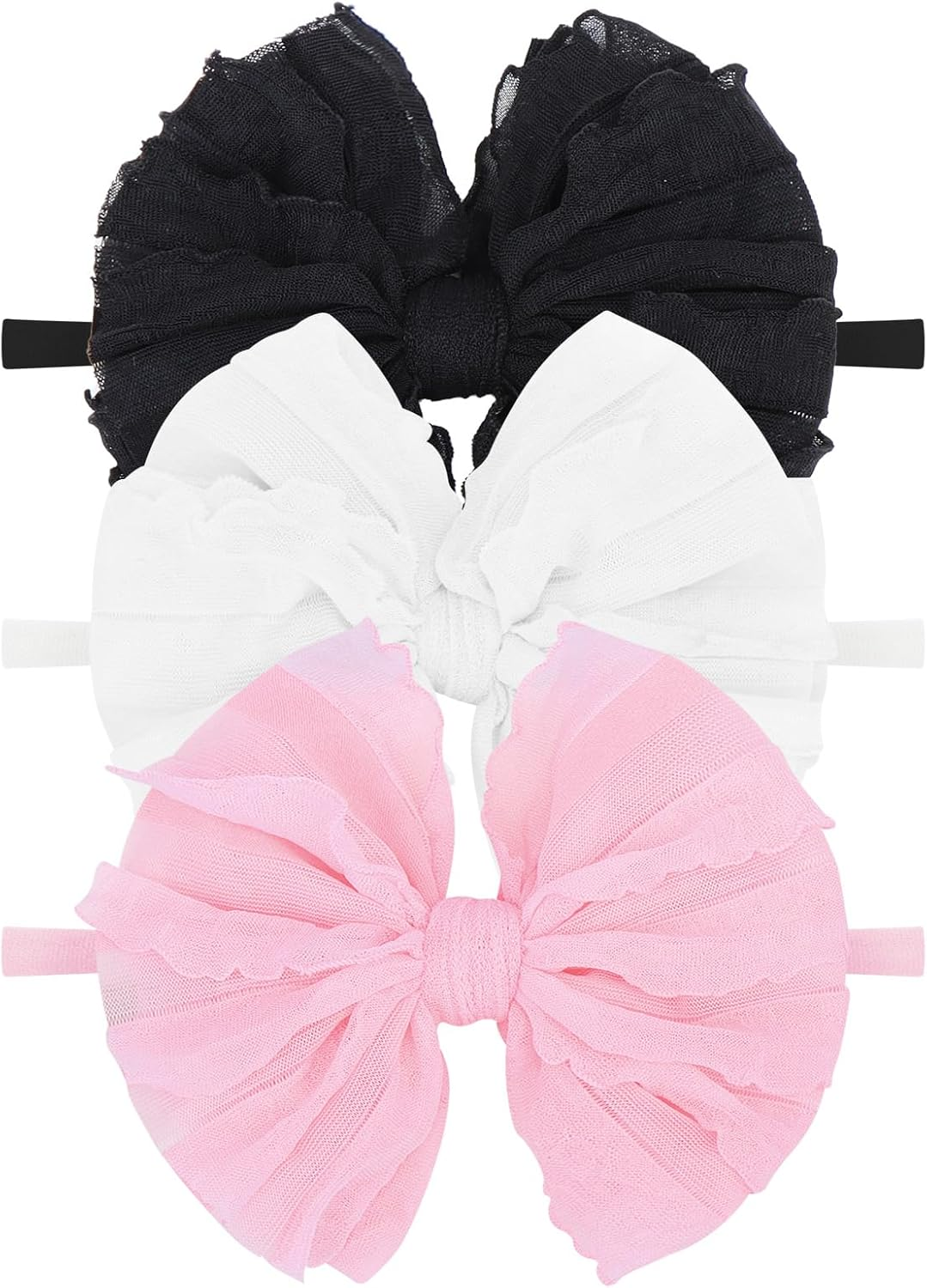 Big Bows Baby Girl Headbands with Bows Handmade Baby Hairbands Stretchy Lace Newborn Toddler Hairbands Bows Black White Beige 3 PCS
