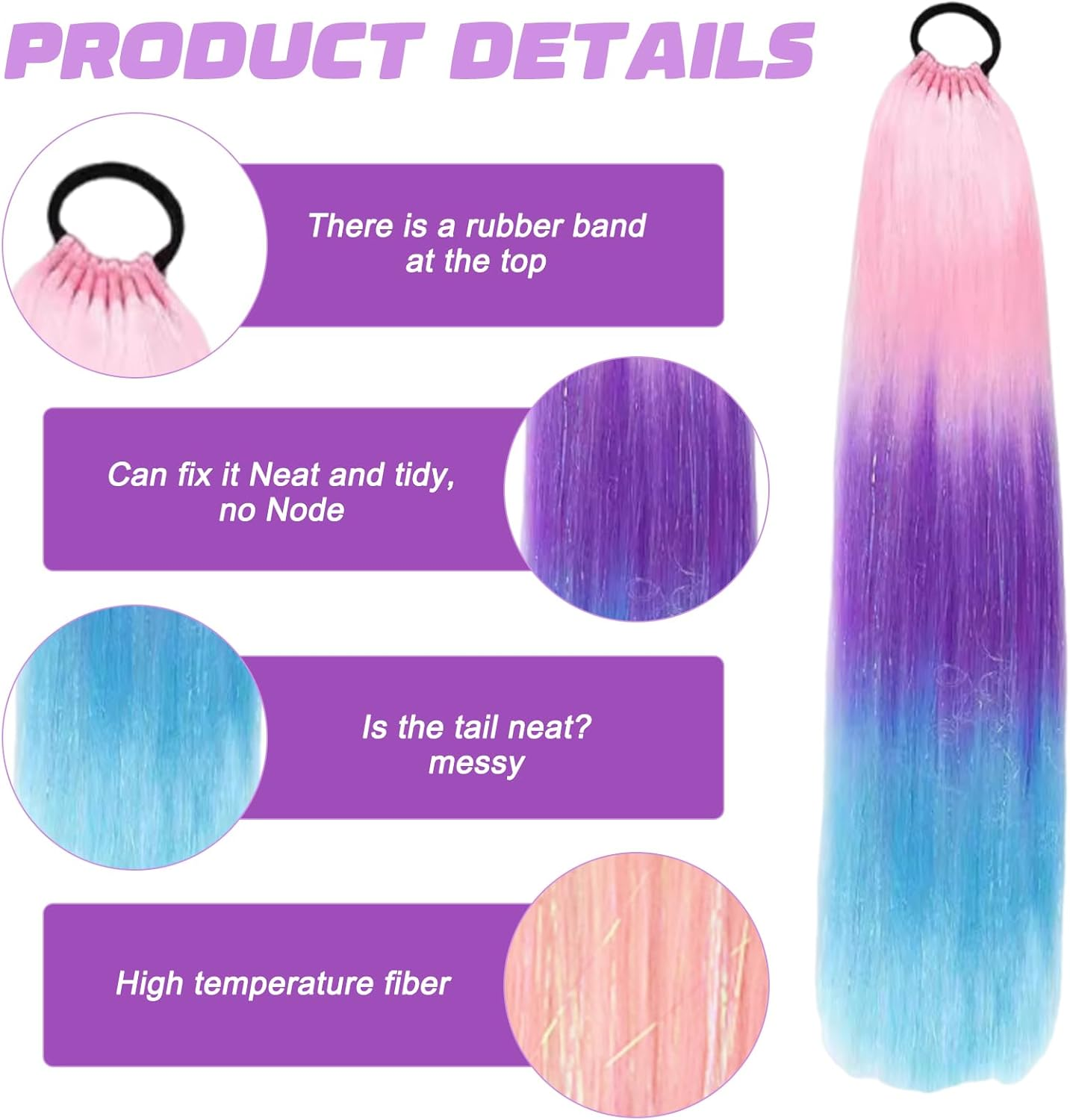 Rainbow Ponytail Extensions with Hairtie - 9 Strands Colored Glitter Hair for Braiding 66Cm Synthetic Crazy Color Hair Accessories for Girls Women Kids Braiding Extensions for Crazy Coiffure (A) image number 1