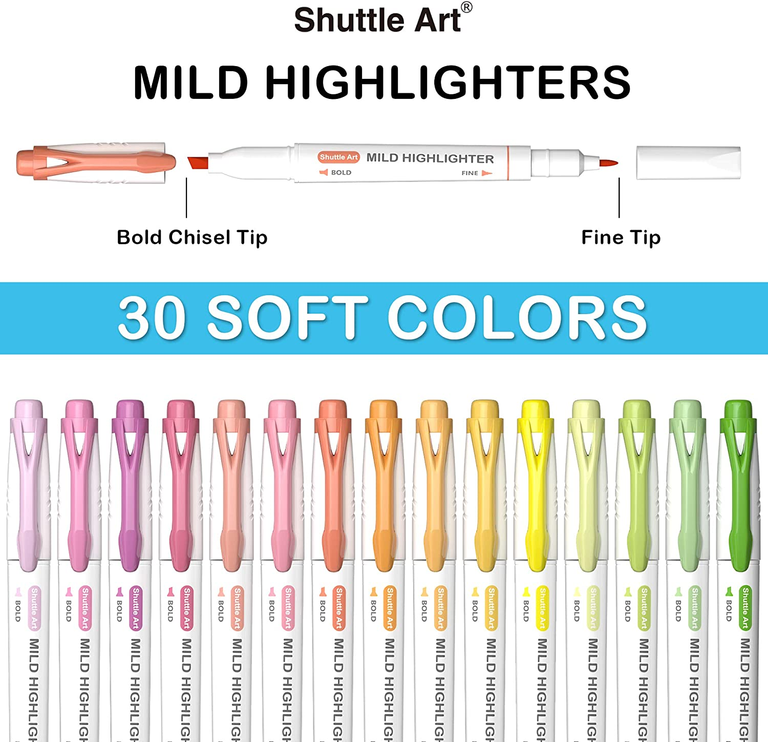 Shuttle Art Pastel Highlighters, 30 Colours Dual Tip Highlighters, Highlighter Markers Assorted Colours, Perfect for Colouring, Underlining, Highlighting, Journaling in School Office Home